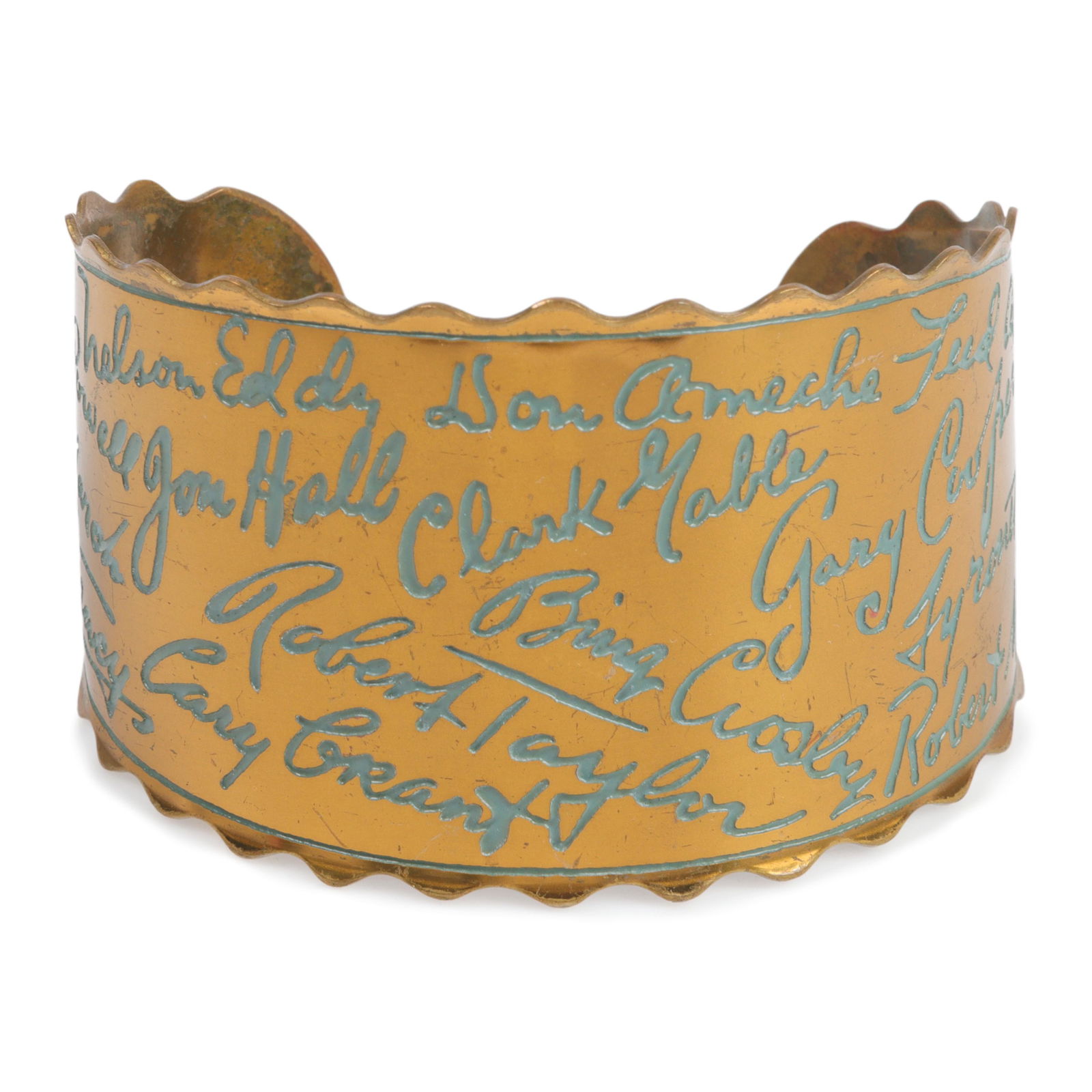 Unsigned Hollywood era brass cuff bracelet with golden stars' celebrity "autographs". 2 1/2" (1 of 4)