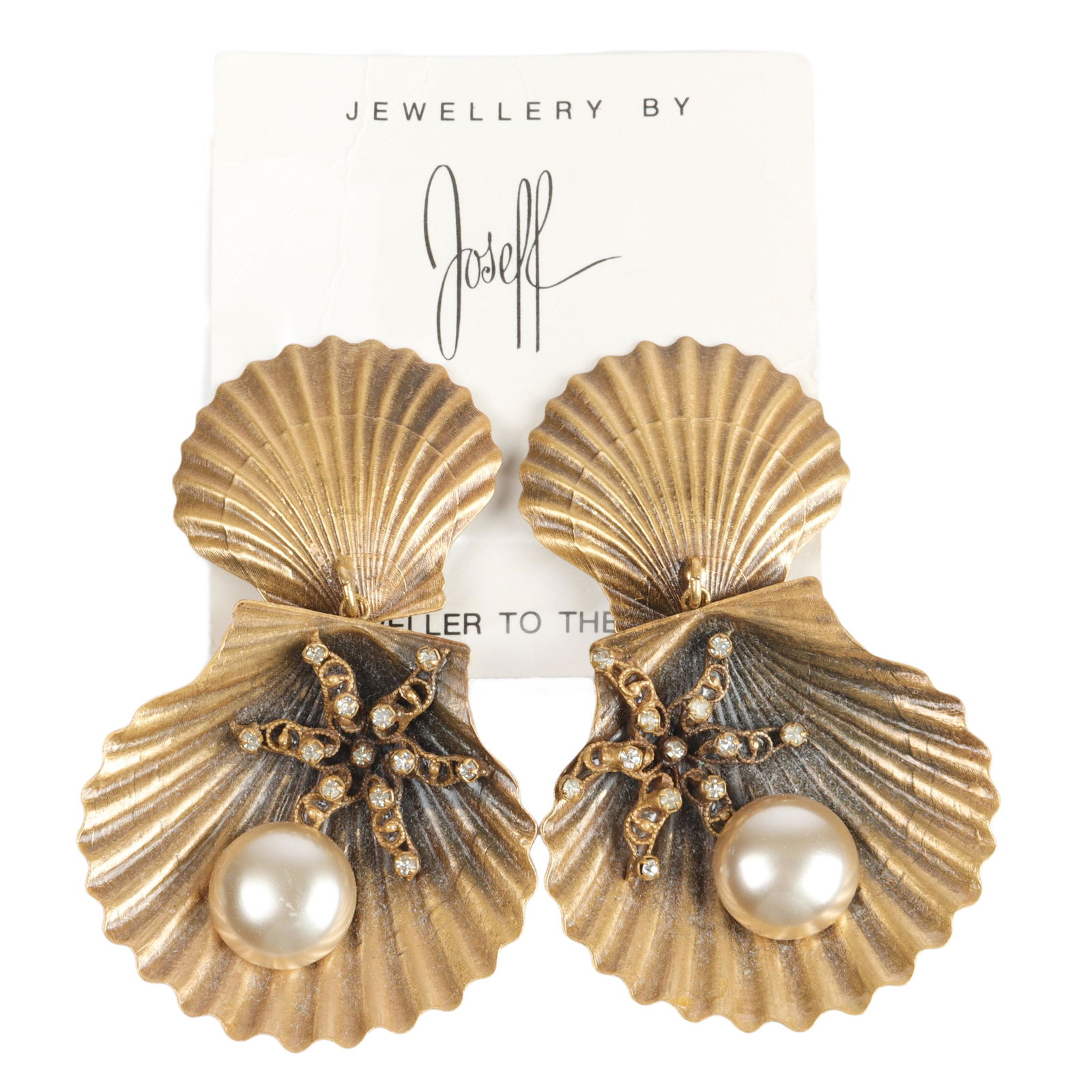 Joseff of Hollywood large double shell drop earrings with rhinestone starfish and faux pearls., 3"H (1 of 4)