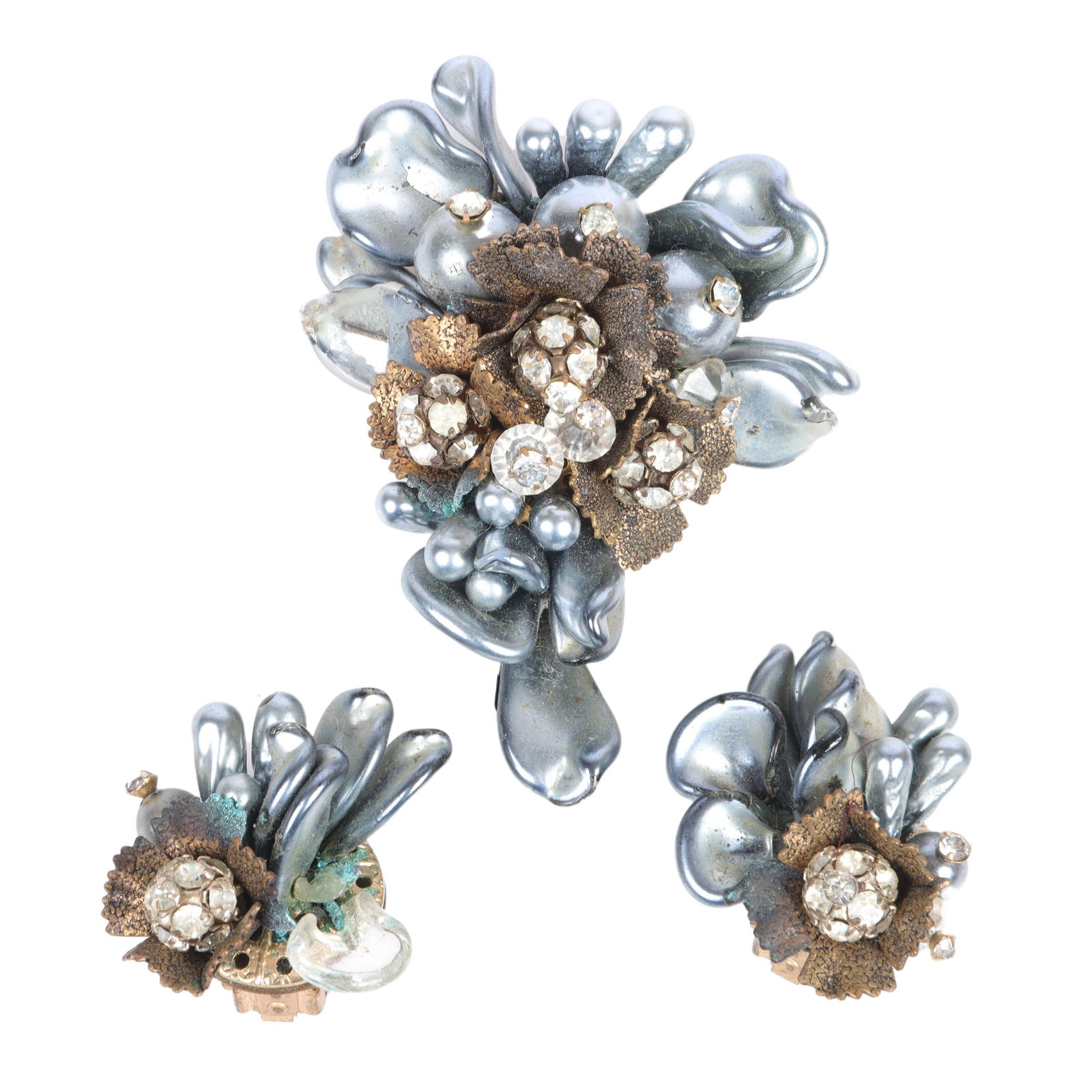 Schiaparelli brooch & earrings with layered silver faux pearls tipped in rhinestones. 2 1/2"H x 1 (1 of 5)