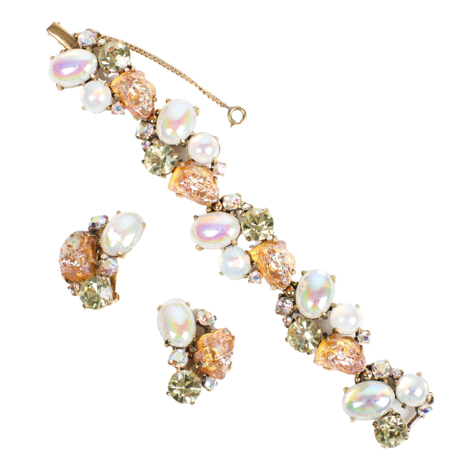 Schiaparelli 2pc. Set: amber lava stones iridescent jelly cabochons bracelet & clip earrings 7 1/4"L (1 of 5)