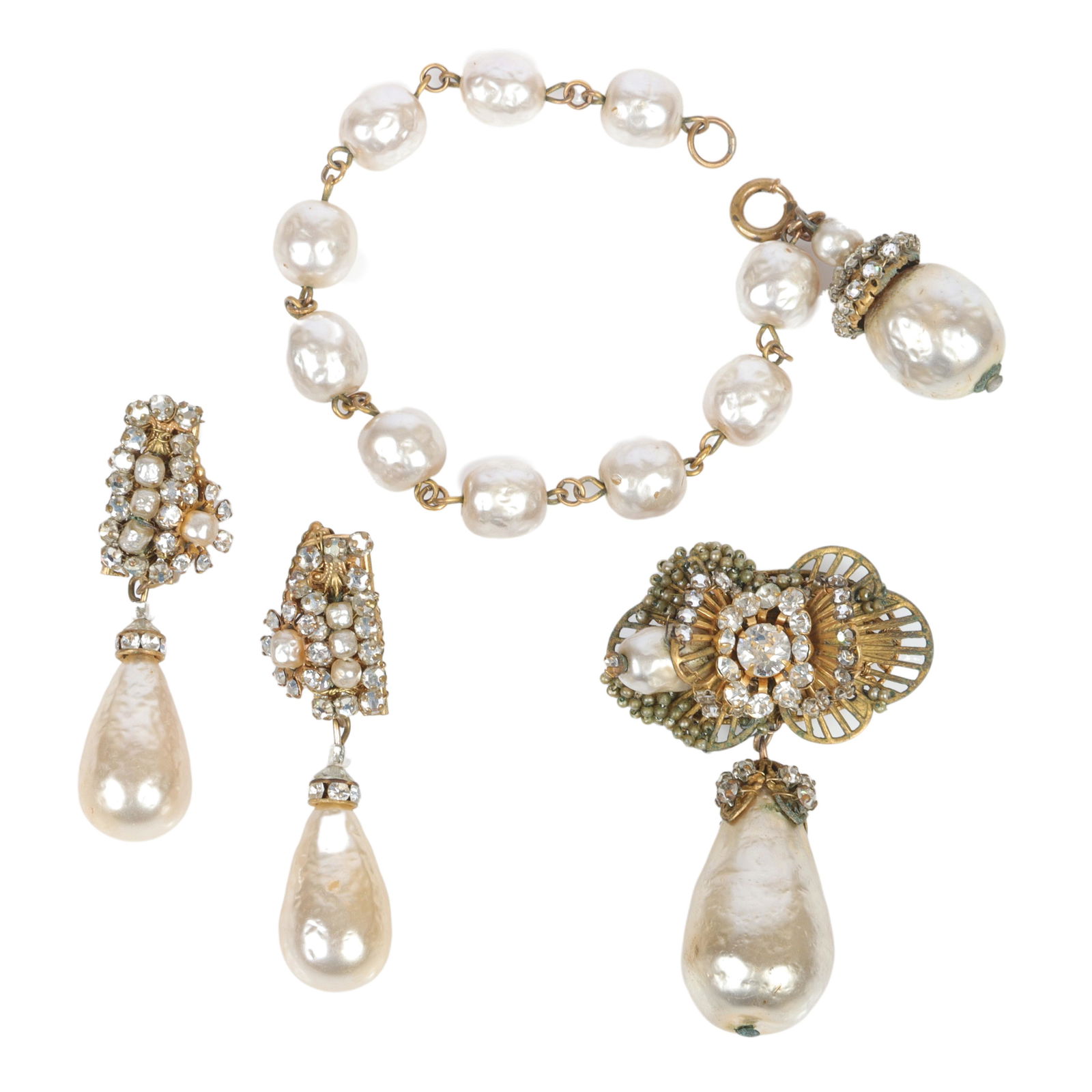 Miriam Haskell baroque faux pearl and rhinestone 3pc jewelry group: 7"L (bracelet) (1 of 5)