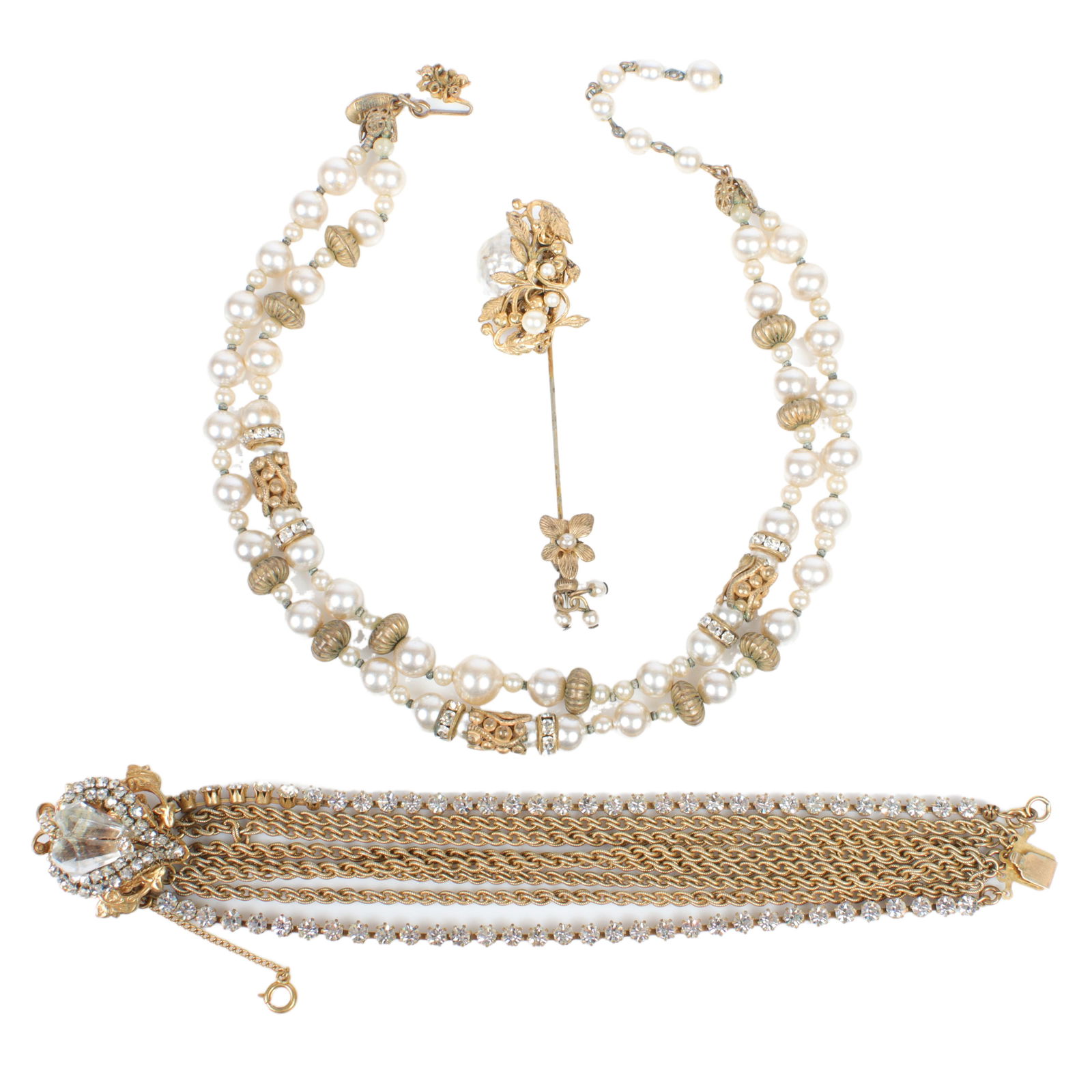 Miriam Haskell faux baroque pearl and rhinestone gold tone 3pc jewelry group: adjustable to 15"L (1 of 4)