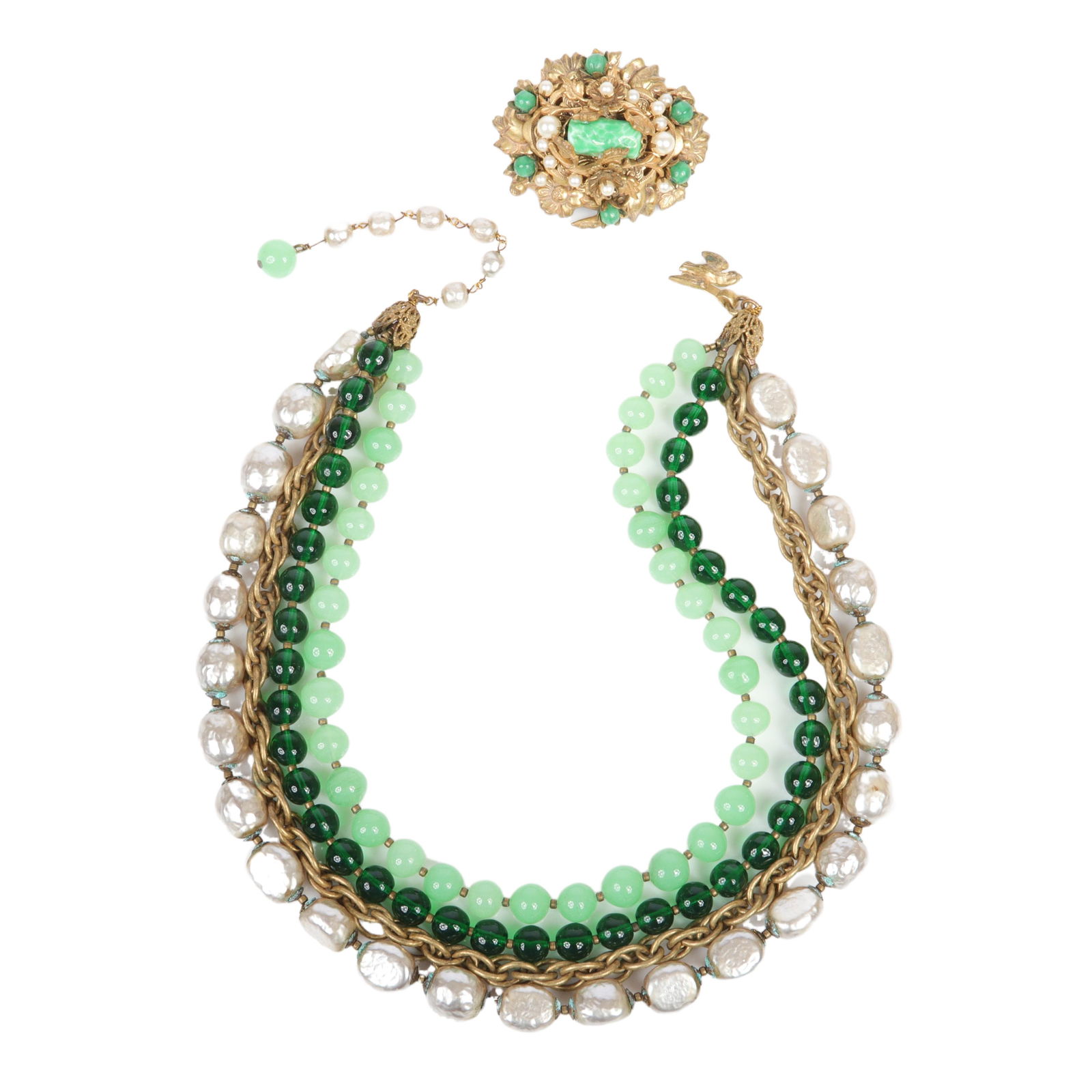 Miriam Haskell 2pc multi-strand faux pearl & glass bead necklace with Peking glass brooch adjustable (1 of 4)