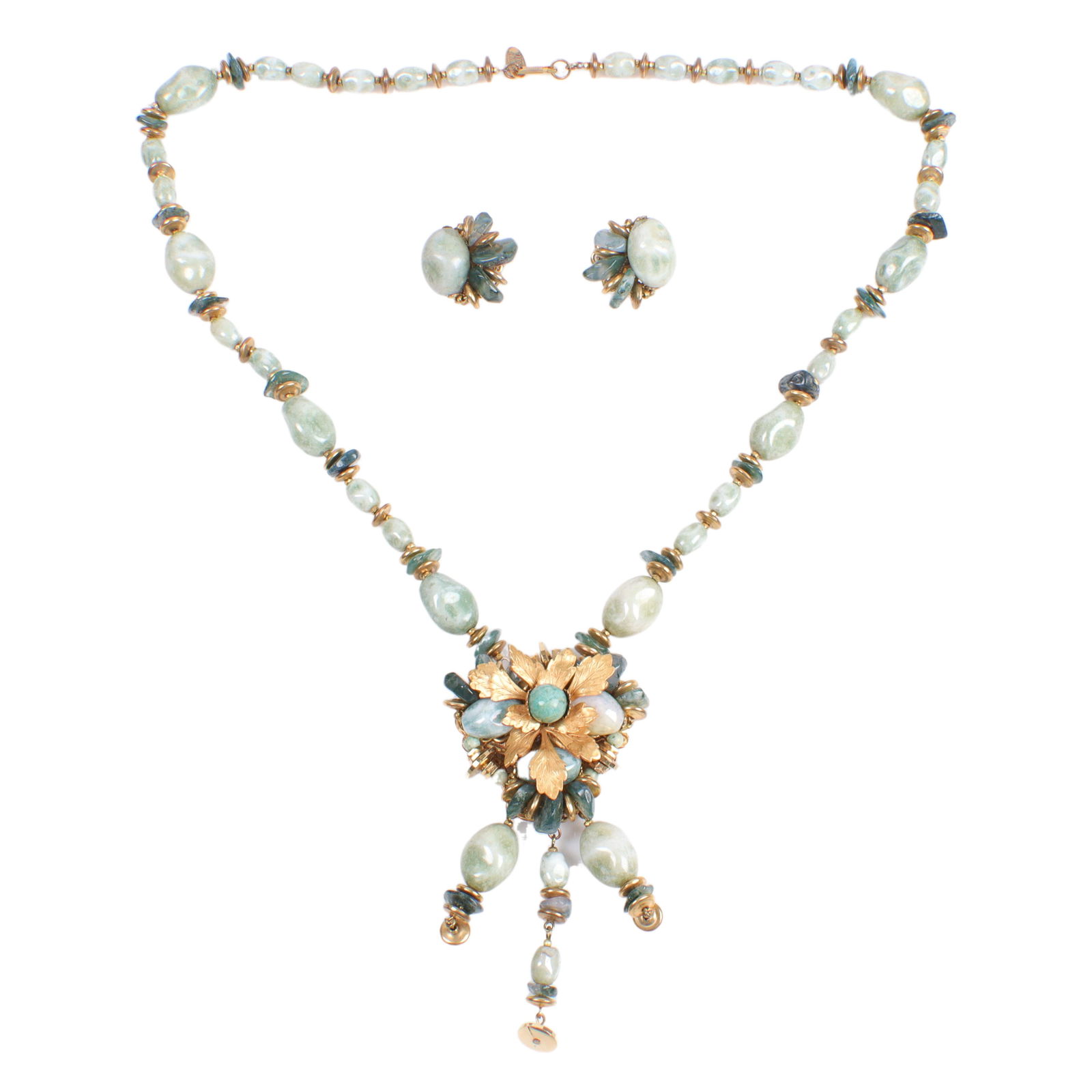 Miriam Haskell necklace with green molded art glass beads, gold metallic disk spacers: 25 1/2"L (1 of 4)