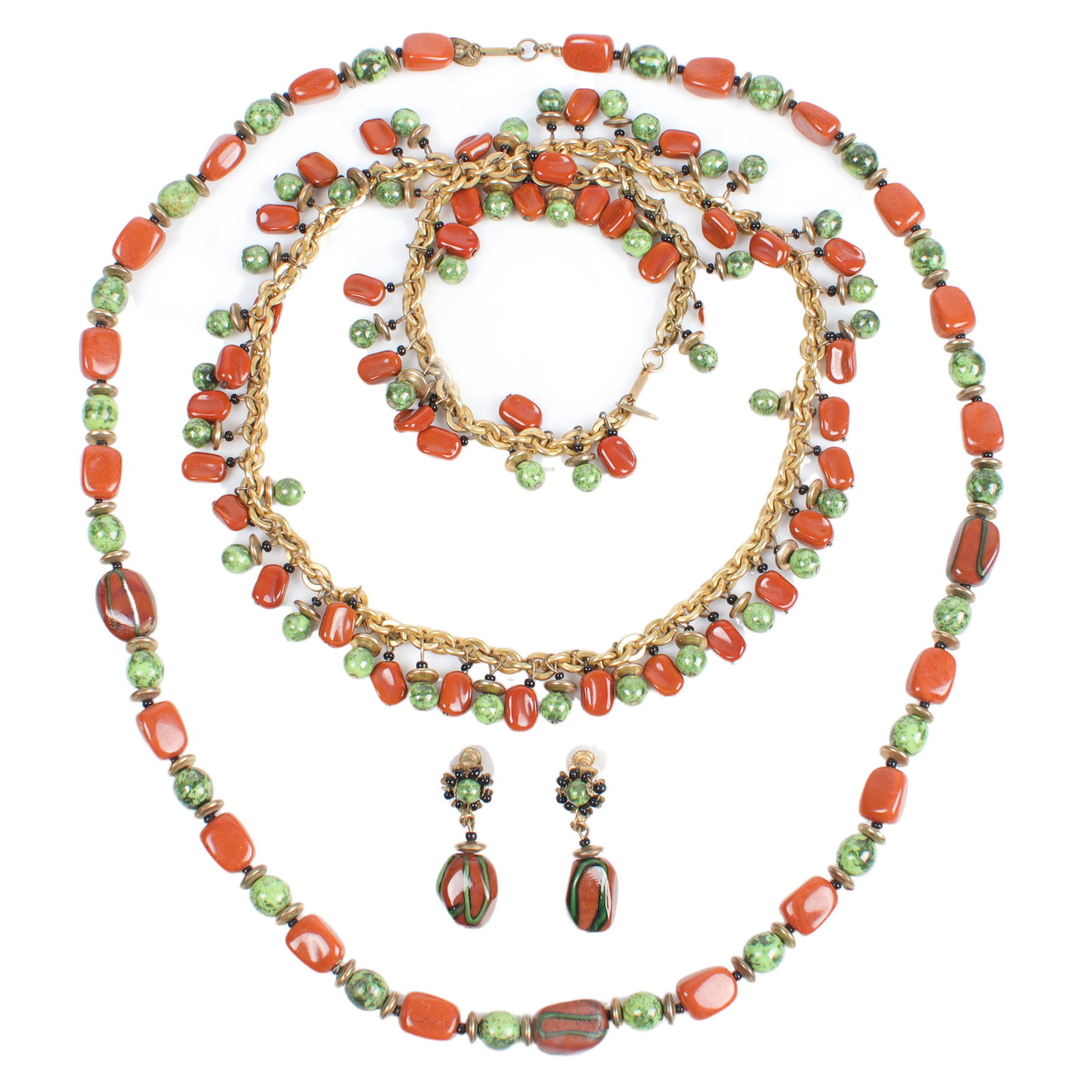 Miriam Haskell orange and green molded glass necklace and earring 3pc jewelry set: 28"L (chain (1 of 5)