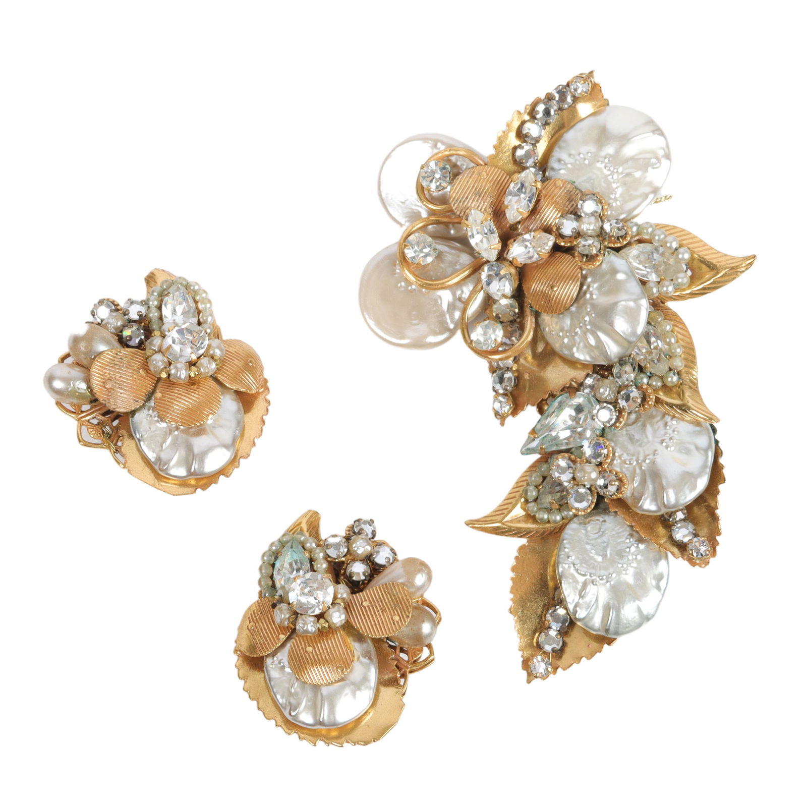 Miriam Haskell layered embossed gilt rhinestone and bead floral brooch pin and earring set., 2 1/4"H (1 of 5)