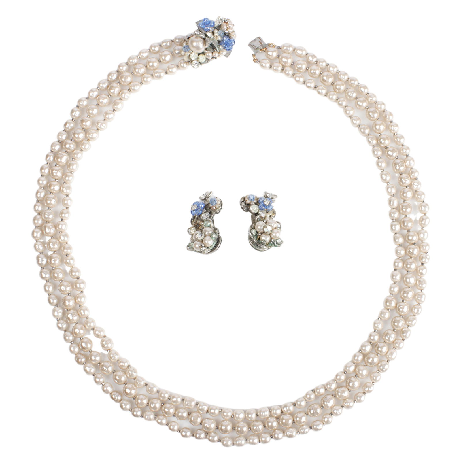 Miriam Haskell triple strand faux baroque pearl necklace and earring set: 24"L (necklace), 1 5/8"H x (1 of 4)