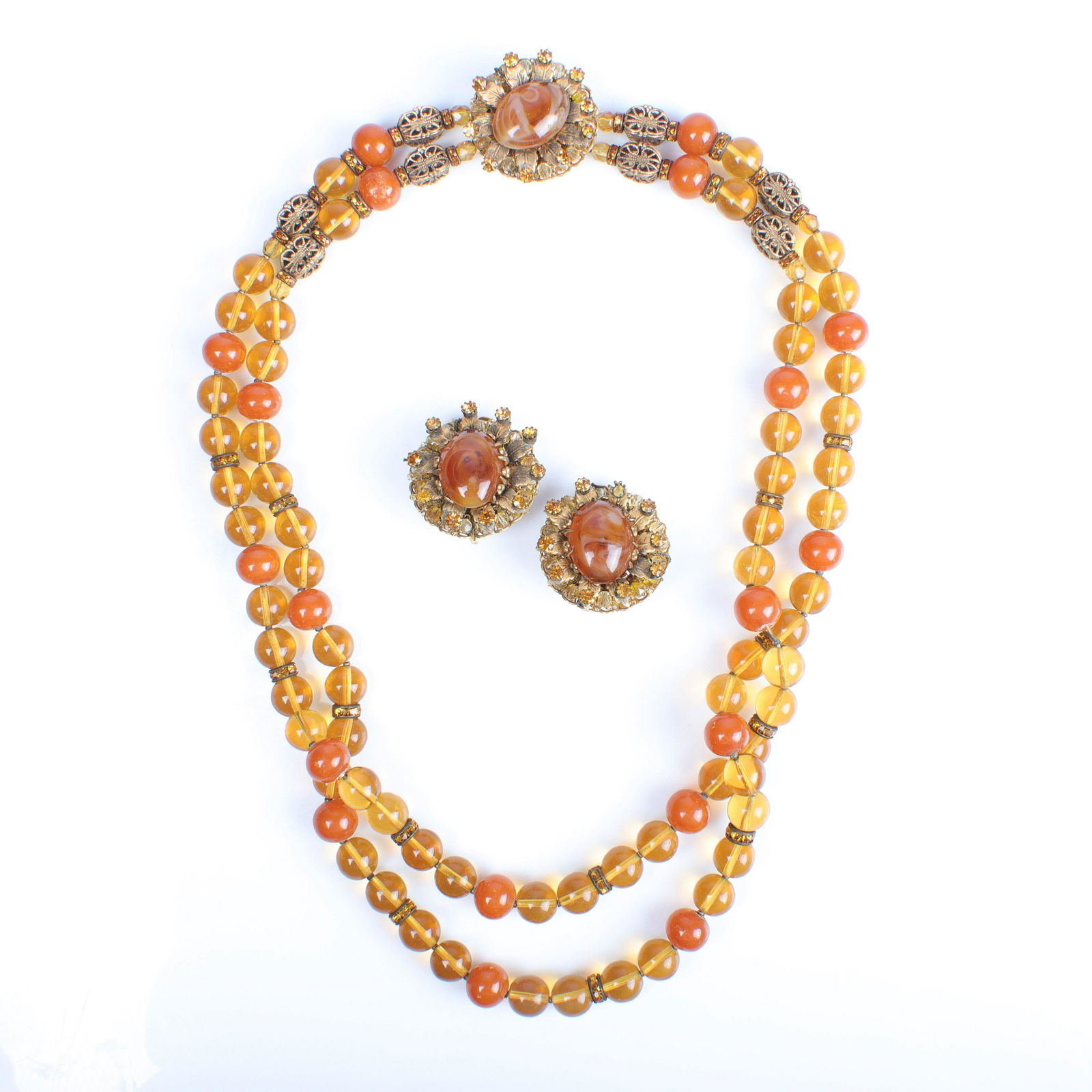 DeMario amber glass bead gold tone necklace with decorative clasp and earring set: 27 1/4"L (1 of 6)