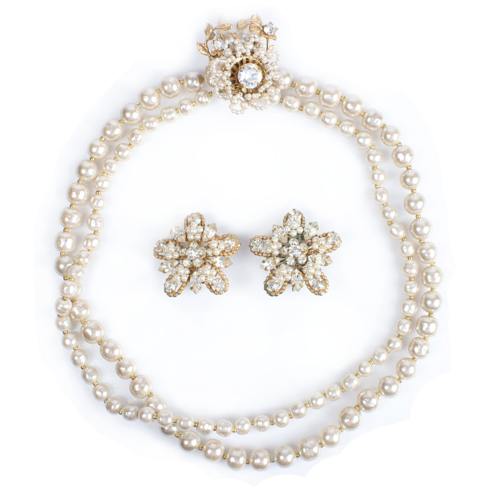 Miriam Haskell double strand faux baroque pearl necklace and diamante earrings: 16"L (necklace),: Miriam Haskell double strand faux baroque pearl necklace and diamante earring set: with decorative clasp featuring faux MOP and seed pearls, rhinestones and gold tone embossed leaves. Includes Robert