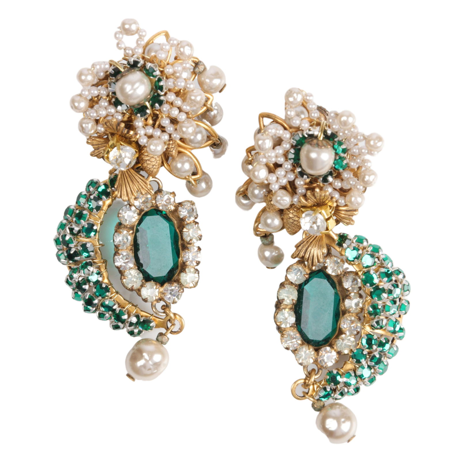 Miriam Haskell faux pearl, green crystal & rhinestone, & gold tone pinecone dangle earrings. 2 1/2"H (1 of 3)