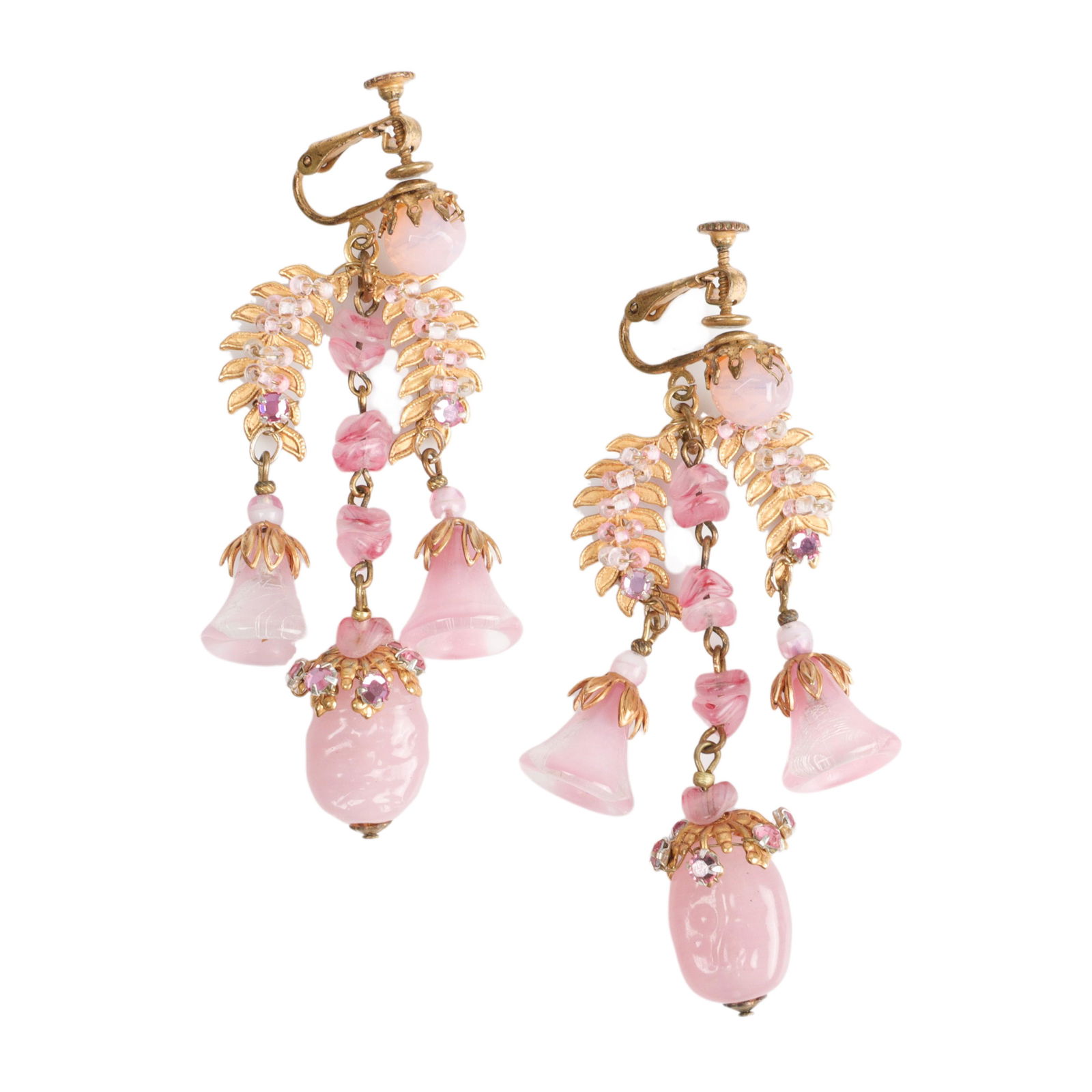 Miriam Haskell pink molded art glass bead and embossed gold tone leaf chandelier earrings. 3"H x 1 (1 of 3)