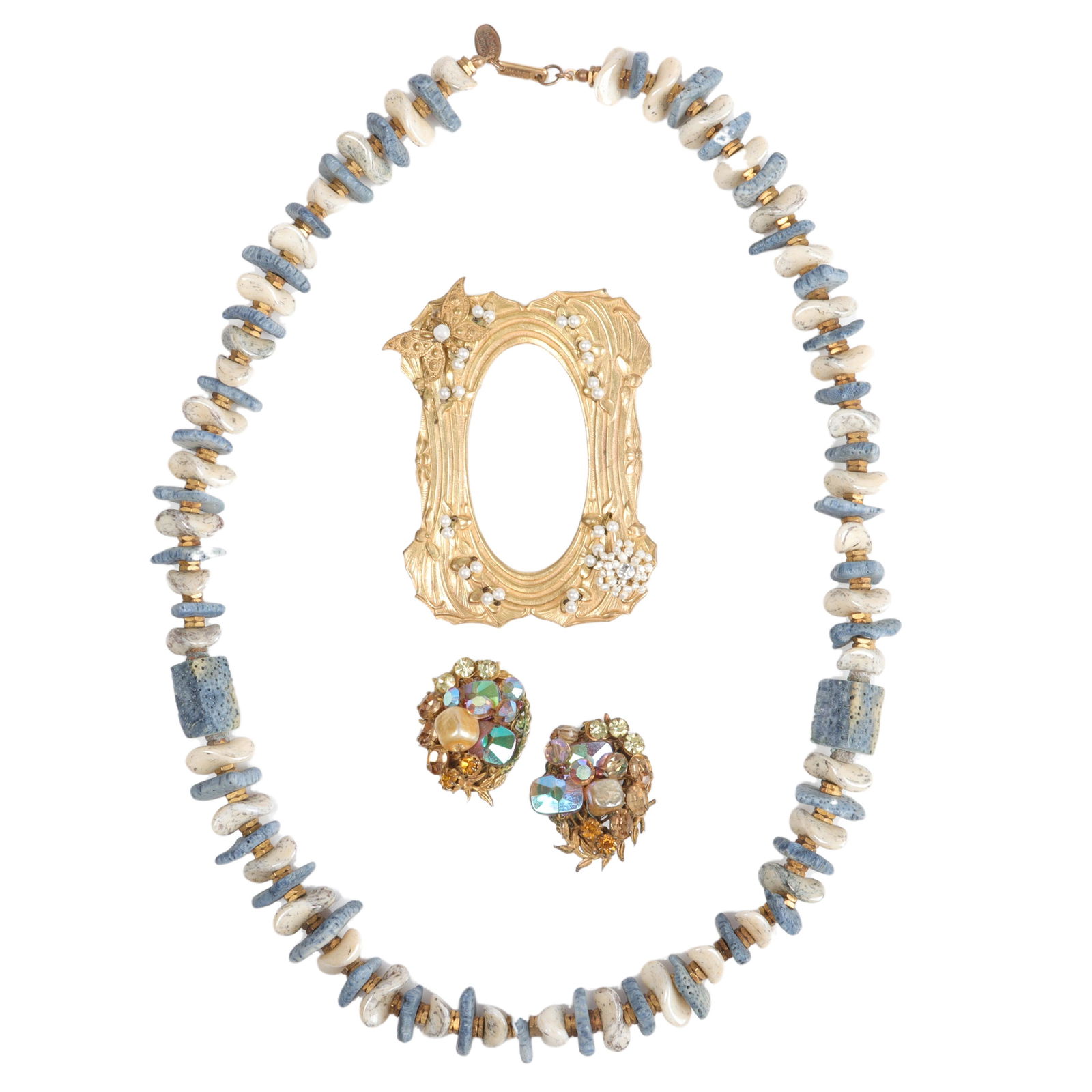 Miriam Haskell shell and dyed coral necklace with gold spacers 3pc jewelry group: 24"L (necklace) (1 of 7)