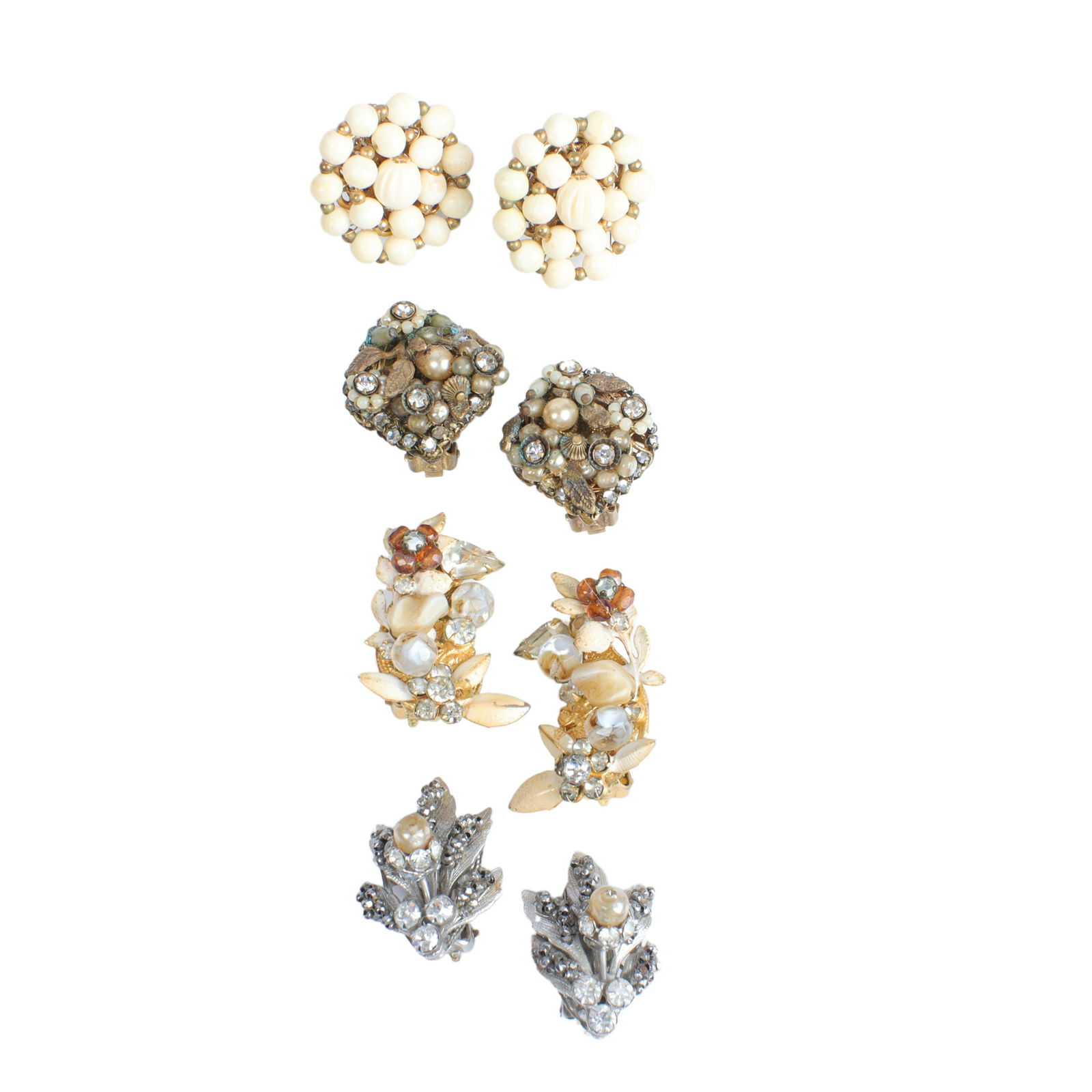 Miriam Haskell style bead and rhinestone floral motif 4pc earrings: 1"Diam. (bone bead earrings): includes Haskell carved bone and gold bead button earrings, Robert enamel leaf, rhinestone (one missing), faceted bead, and tear drop crystal earrings, Eugene faux pearl and rhinestone encrusted butto
