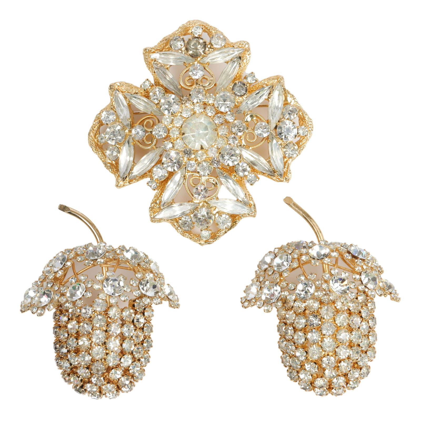 Designer 3pc Diamante: pair of Countess Cis dimensional rhinestone encrusted acorn pins: 2 1/2"H x (1 of 4)