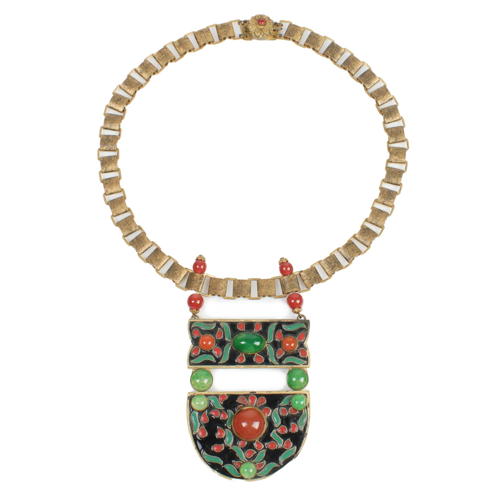 French Art Deco 1920s linked brass necklace with hinged enamel pendant: 17"L (1 of 4)