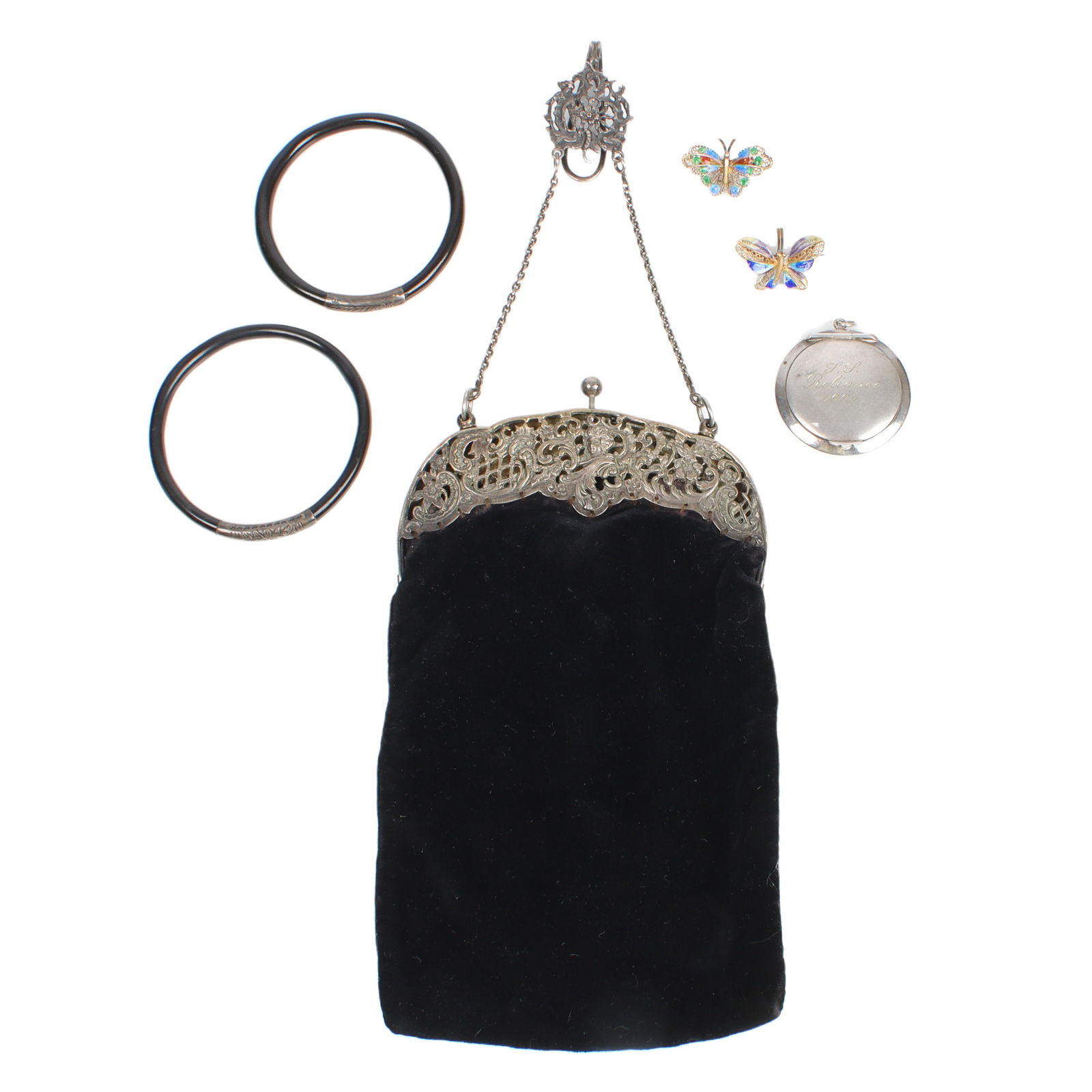 Victorian 6pc estate group: hallmarked sterling and velvet chatelaine bag, 7 3/4"H 7"W (purse) (1 of 9)