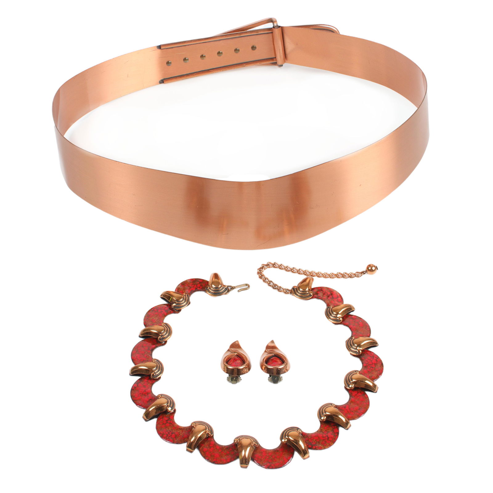 Vintage copper 3pc: Renoir red enamel collar necklace and earring set 30 1/2"L, 2"W (1 of 7)