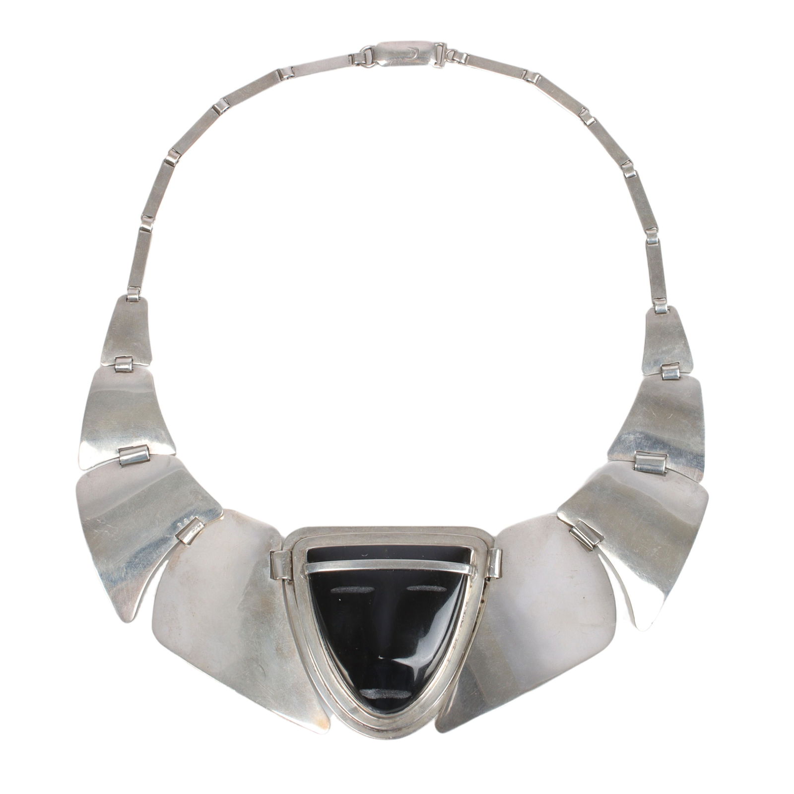 Fred Davis Mexican Modernist sterling silver and obsidian mask bib linked panel necklace. 15"L (1 of 5)