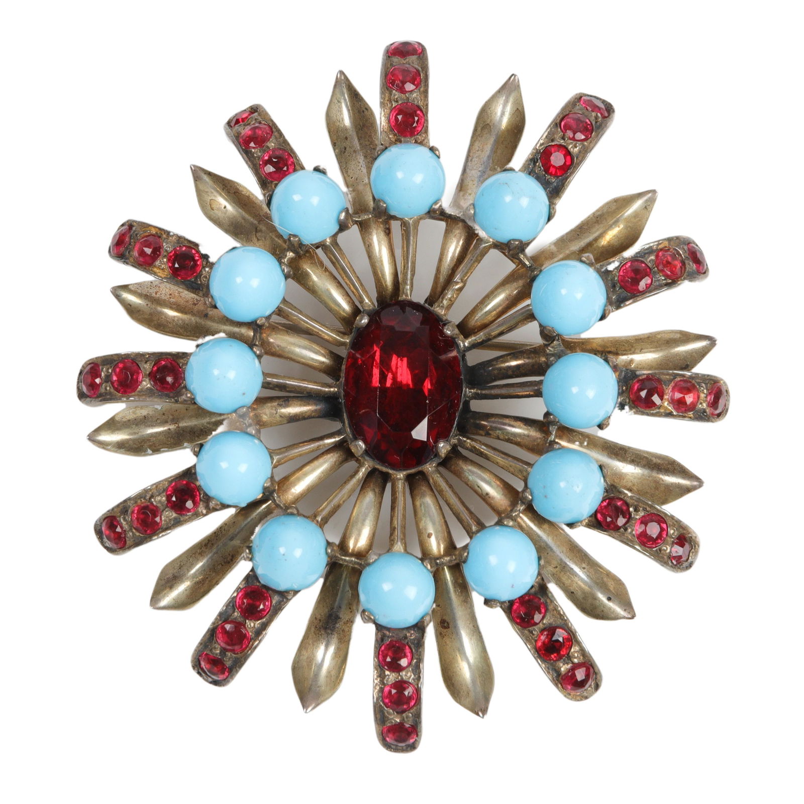 Eisenberg Originals sterling vermeil starburst brooch with faux turquoise domed cabochons: 2 5/8"H x (1 of 5)