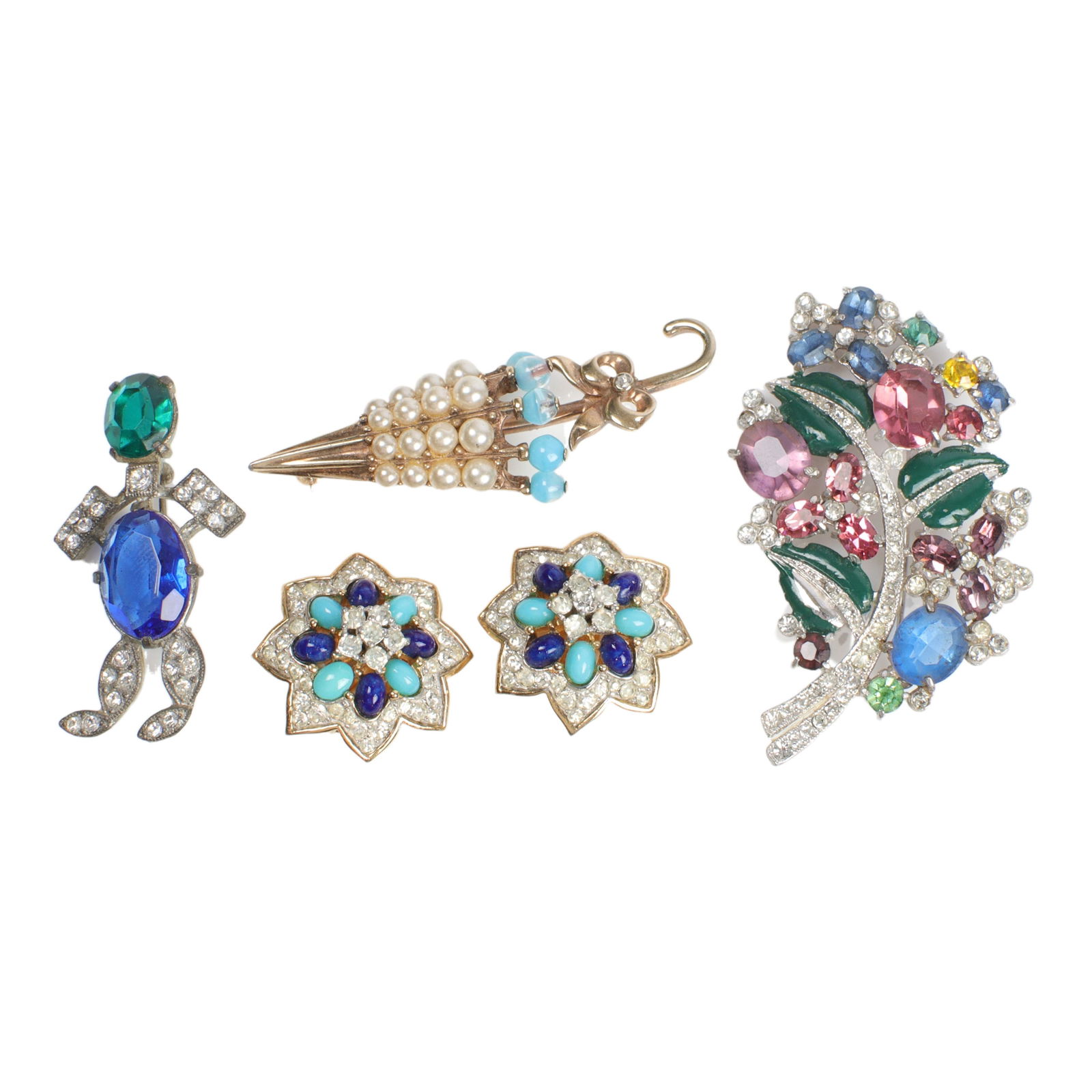 Vintage 4pc jeweled group: Mazer earrings with blue cabochons and pave, 2 3/4"H x 1 3/4"W (largest) (1 of 5)