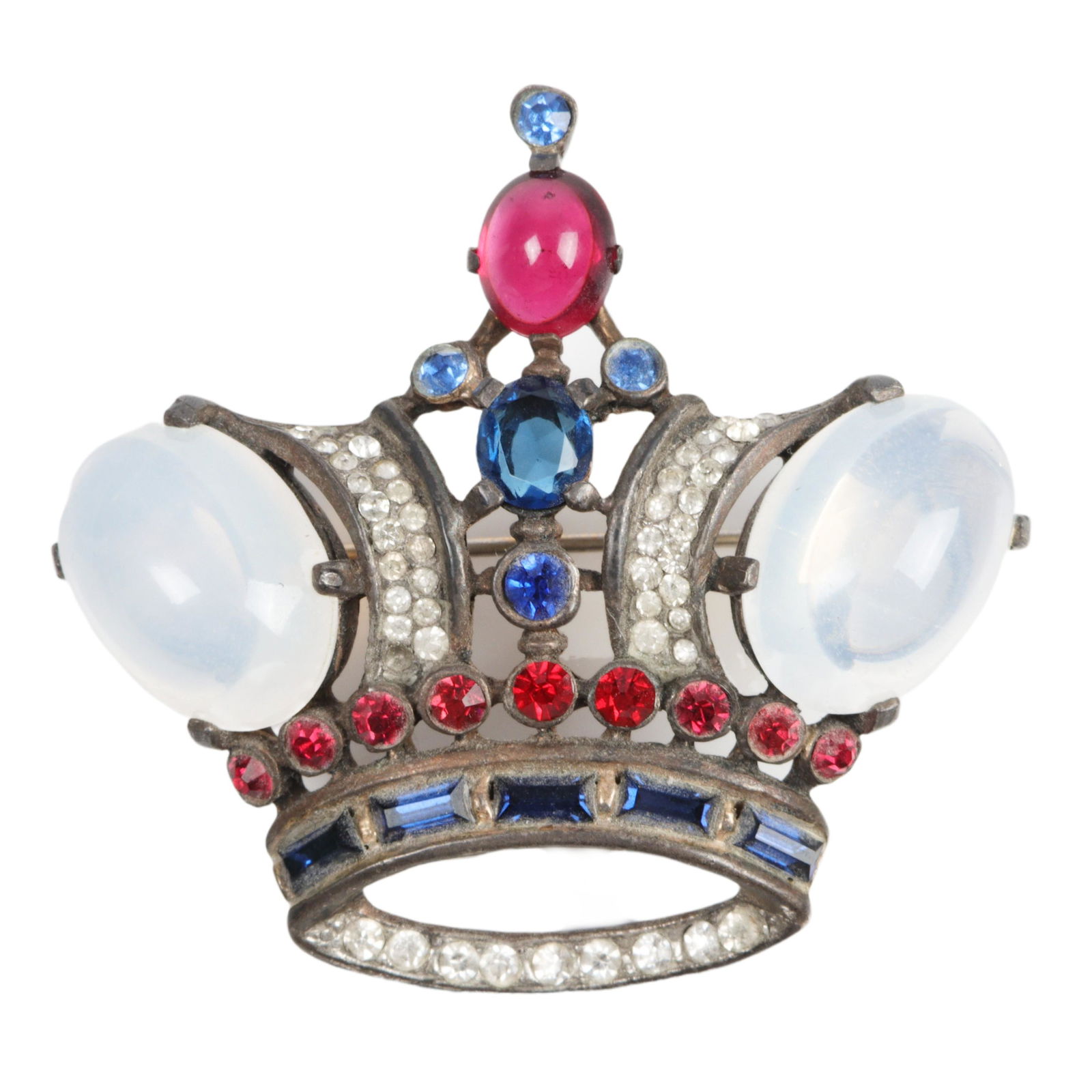 Trifari 1944 "Alfred Philippe" Coronation King Crown Jelly Belly pin brooch: 1 3/4" x 2"W: Trifari 1944 "Alfred Philippe" Coronation King Crown Jelly Belly pin brooch: sterling vermeil with moonstone cabochon gems, jewel-tone multicolored crystals and rhinestones. Loss to the vermeil. 1 3/4