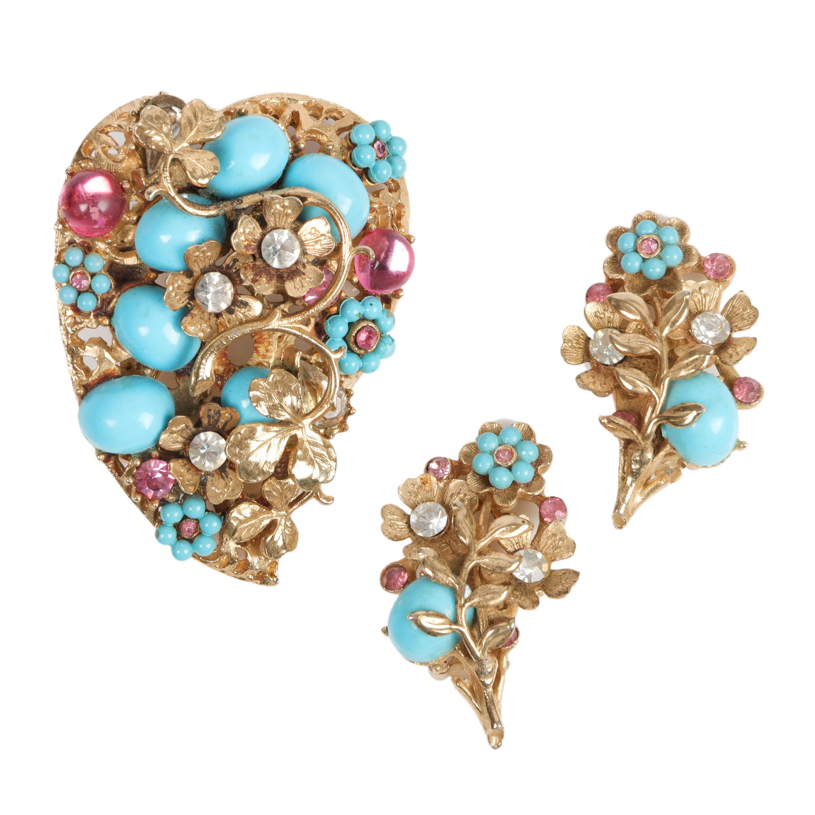 Coro heart and flower brooch and earrings with faux turquoise cabochons and beads: 2"H x 1 1/2"W: Coro heart and flower brooch and earrings with faux turquoise cabochons and beads: layered with round, pink jelly cabochons gold tone flowers and fines, and rhinestones. 2"H x 1 1/2"W (brooch), 1 3/8"