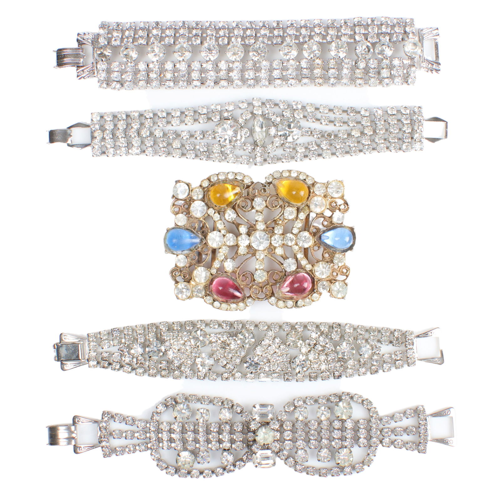Vintage Juliana? 5pc diamante bracelet and buckle group. 7"L (bracelets) (1 of 5)
