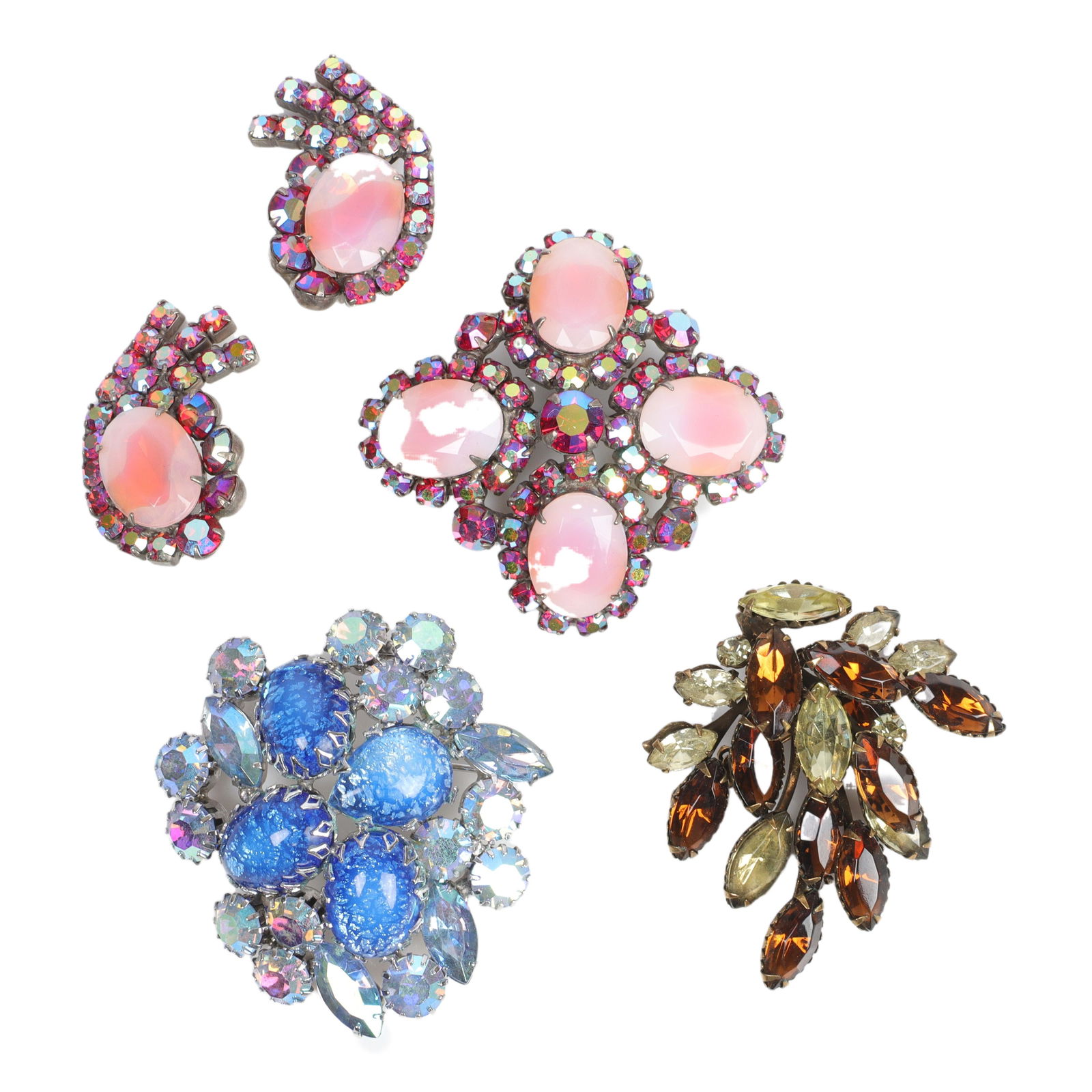Vintage 4pc: Juliana pink rhinestone and moonstone brooch & earring Book Piece set 2 /14"H x 2 1/4"W (1 of 4)