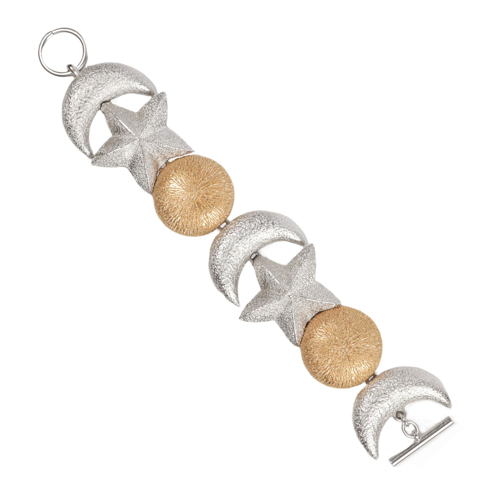 Christian Dior designer celestial sun moon star textured mixed metal linked bracelet. 8"L, 1 1/2"W (1 of 4)