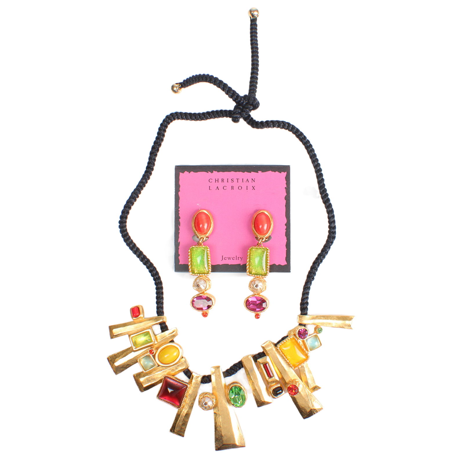 Christian Lacroix gold tone multicolor bejeweled rope necklace and dangle earring group. adjustable (1 of 5)