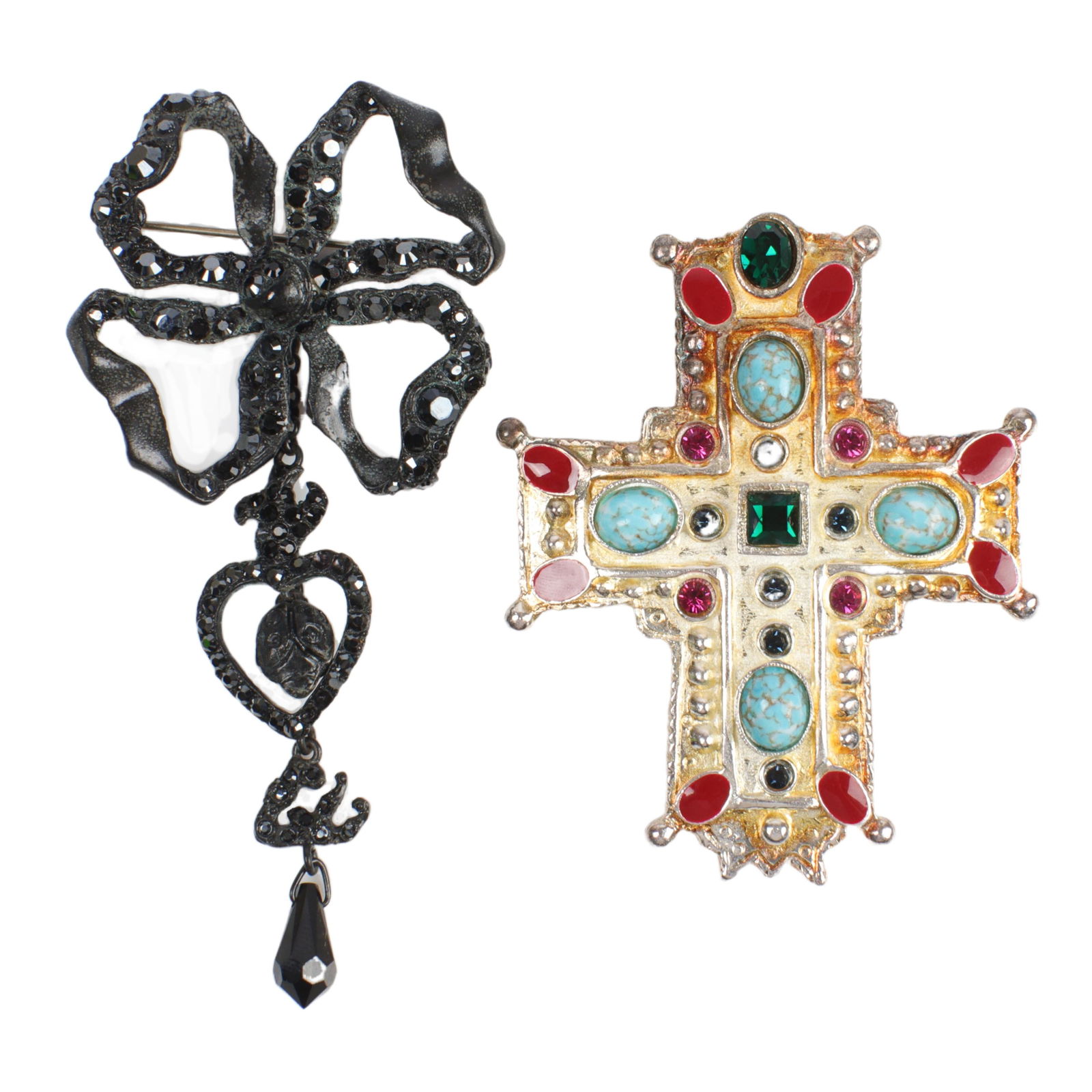 Christian Lacroix rhinestone and jewel mixed metal 2pc pin brooch group: 4"H x 2"W (largest) (1 of 6)