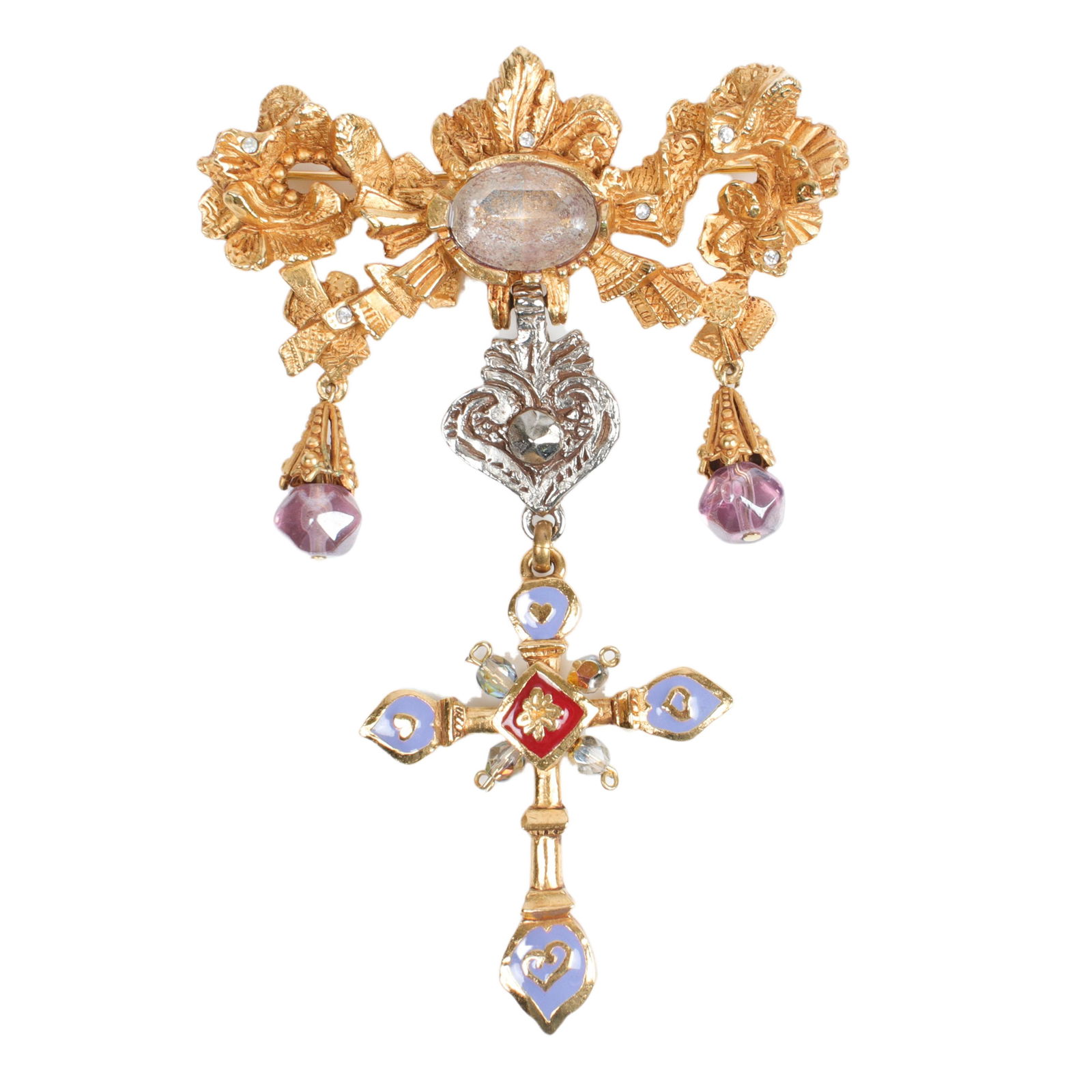 Christian LaCroix France HUGE regal mixed metal pin with dangling enamel cross: 4 3/4"H x 3 1/8"W (1 of 5)