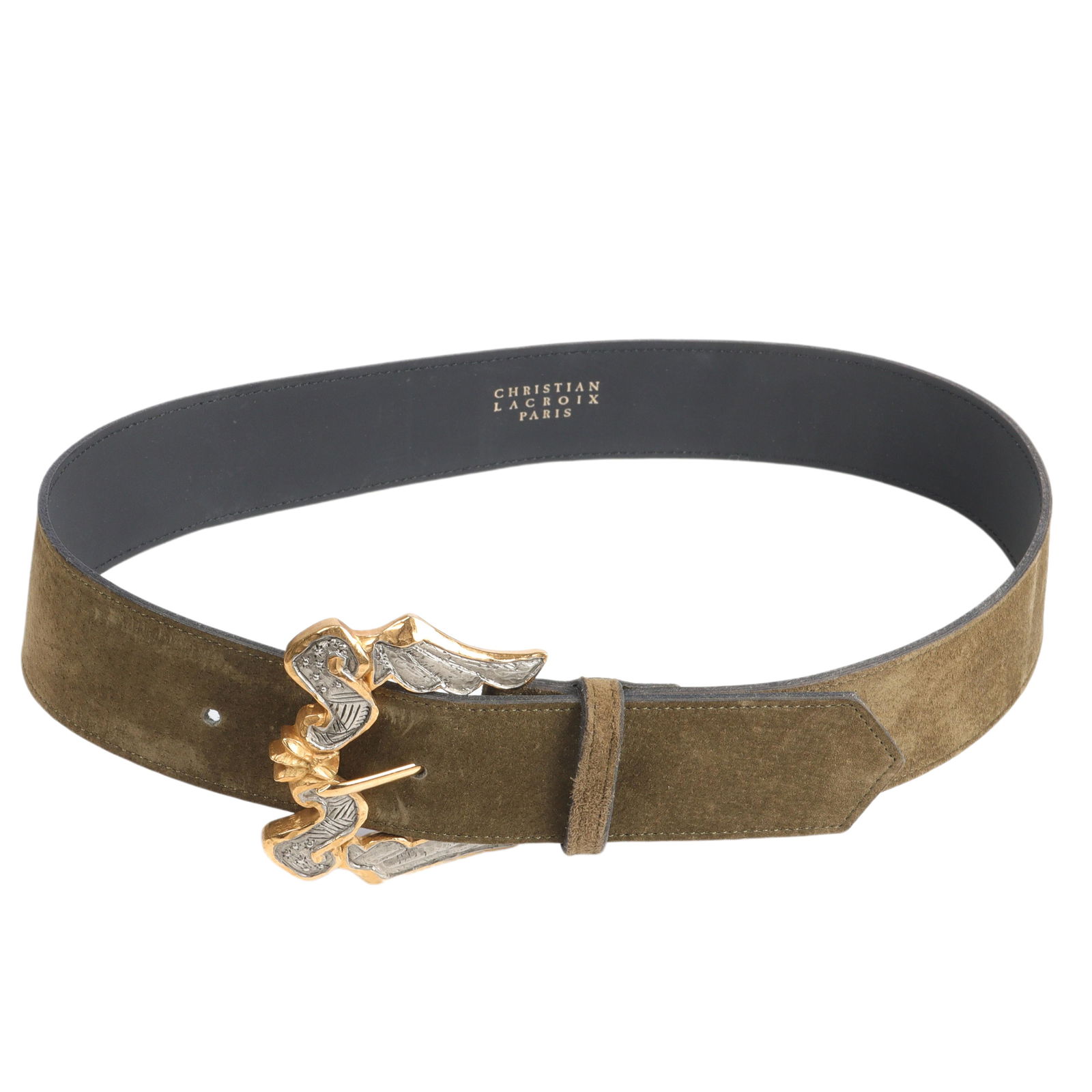Christian Lacroix Paris suede belt with large two tone gilt and silver overlay buckle. size 38, 3"H (1 of 6)