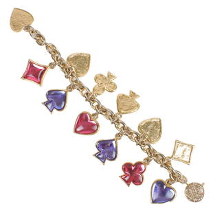 Yves Saint Laurent, Robert Goossens for YSL gold tone casino charm bracelet: 7 1/2"L: Yves Saint Laurent, Robert Goossens for YSL gold tone casino charm bracelet: Featuring spades, hearts, clubs and diamond charms with pink and purple acrylic insets. 7 1/2"L