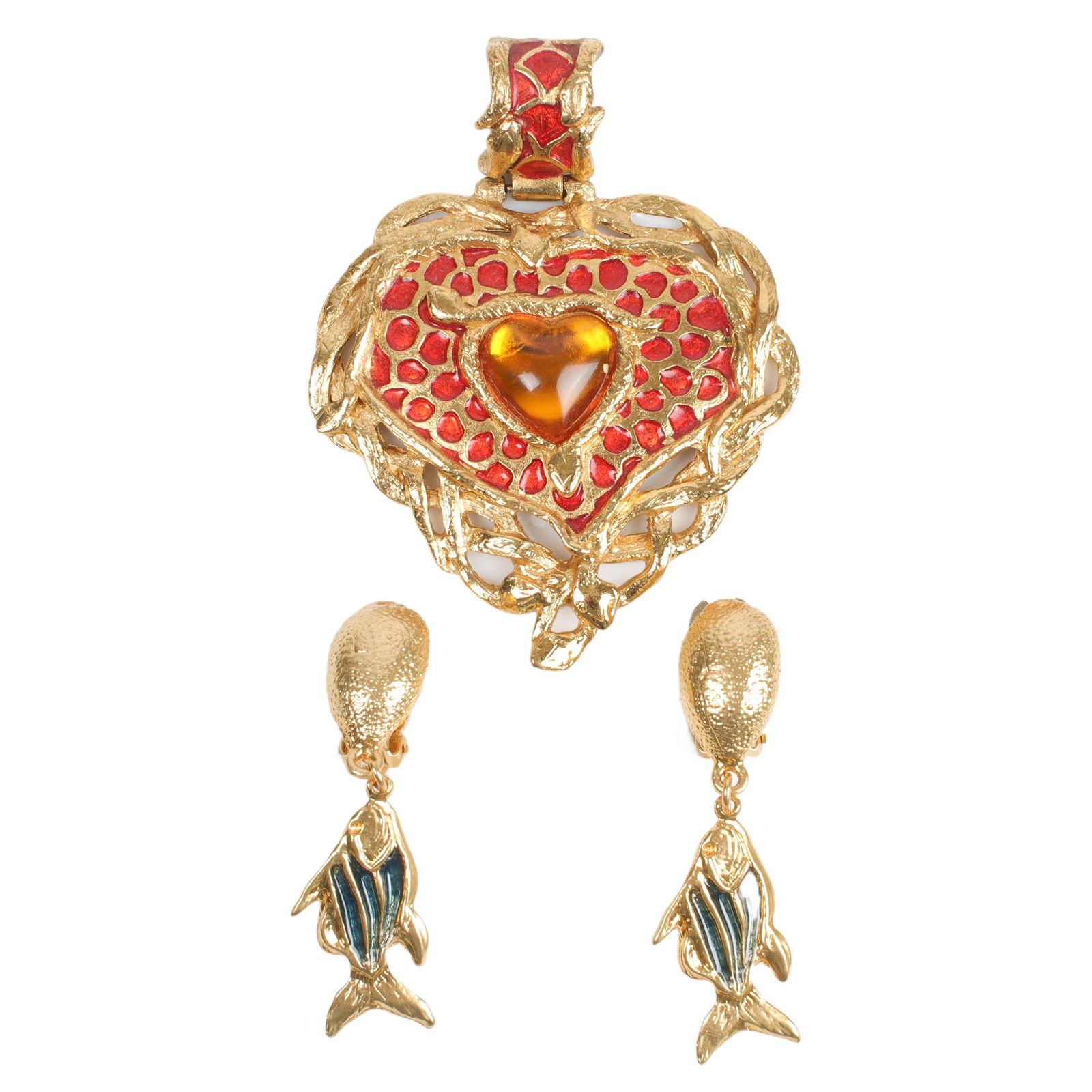 Yves Saint Laurent YSL couture gilt metal heart pendant and gold tone fish dangle earrings: 3 1/4"H (1 of 5)