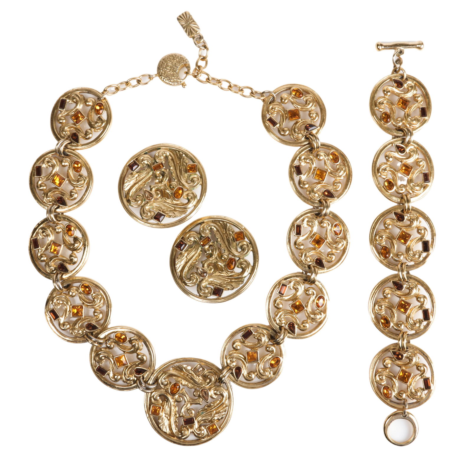 Yves Saint Laurent gold tone orange and brown rhinestone 3pc jewelry group: adjustable to 20"L (1 of 5)