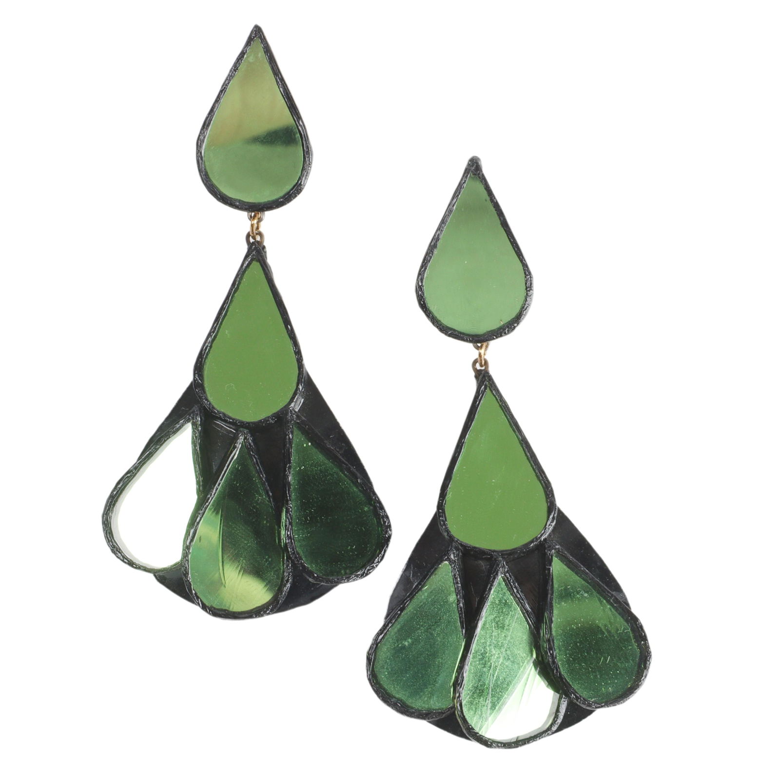 Irina Jarworska Line Vautrin mirrored green glass chandelier earrings. 3 3/4"H x 2"W (1 of 5)