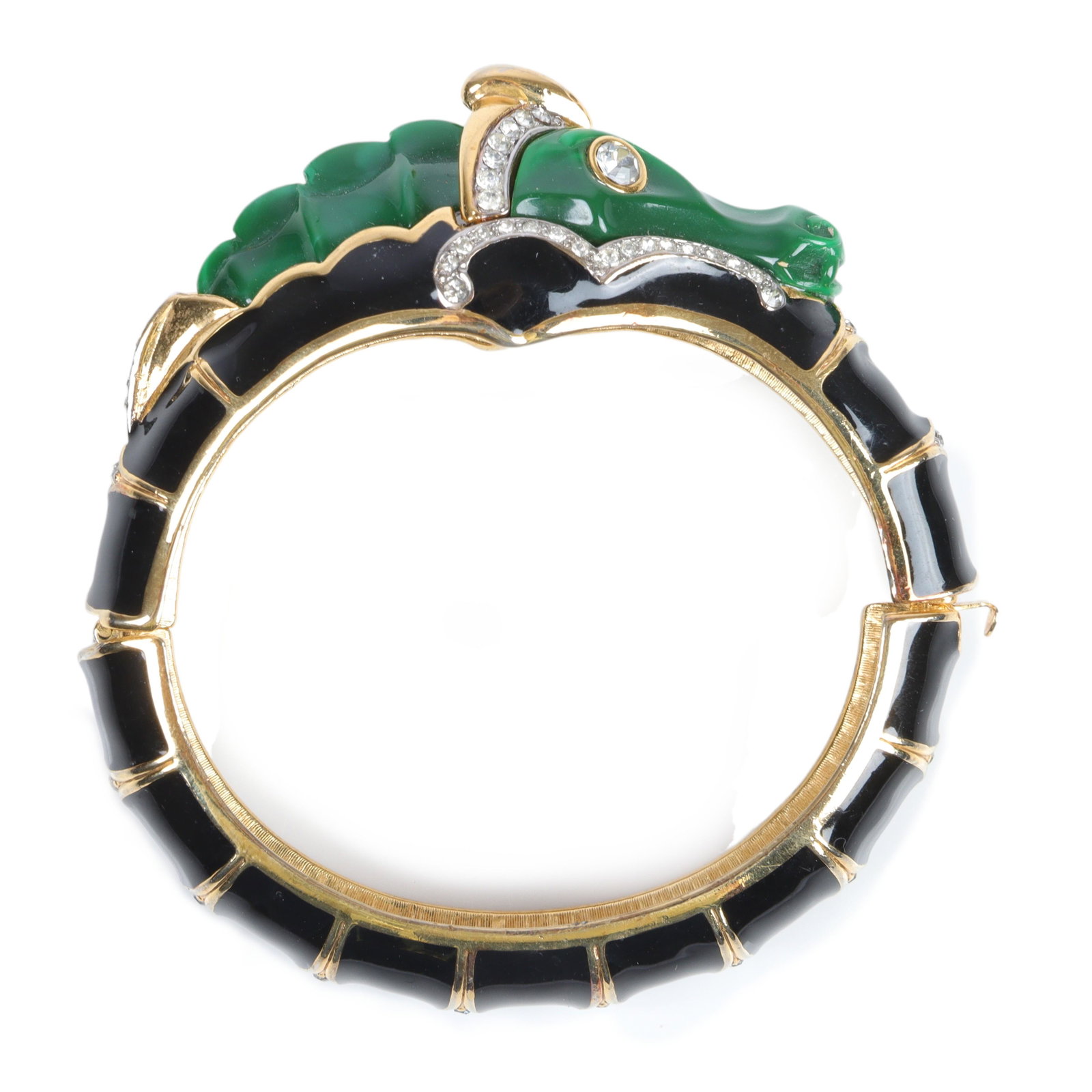KJL ,Kenneth Lane, 1960s enamel and carved green resin dragon bracelet 2 1/4"inner width, 1"W: KJL ,Kenneth Lane, 1960s enamel and carved green resin dragon bracelet with black enamel segments and rhinestone details. 2 1/4"inner width, 1"W