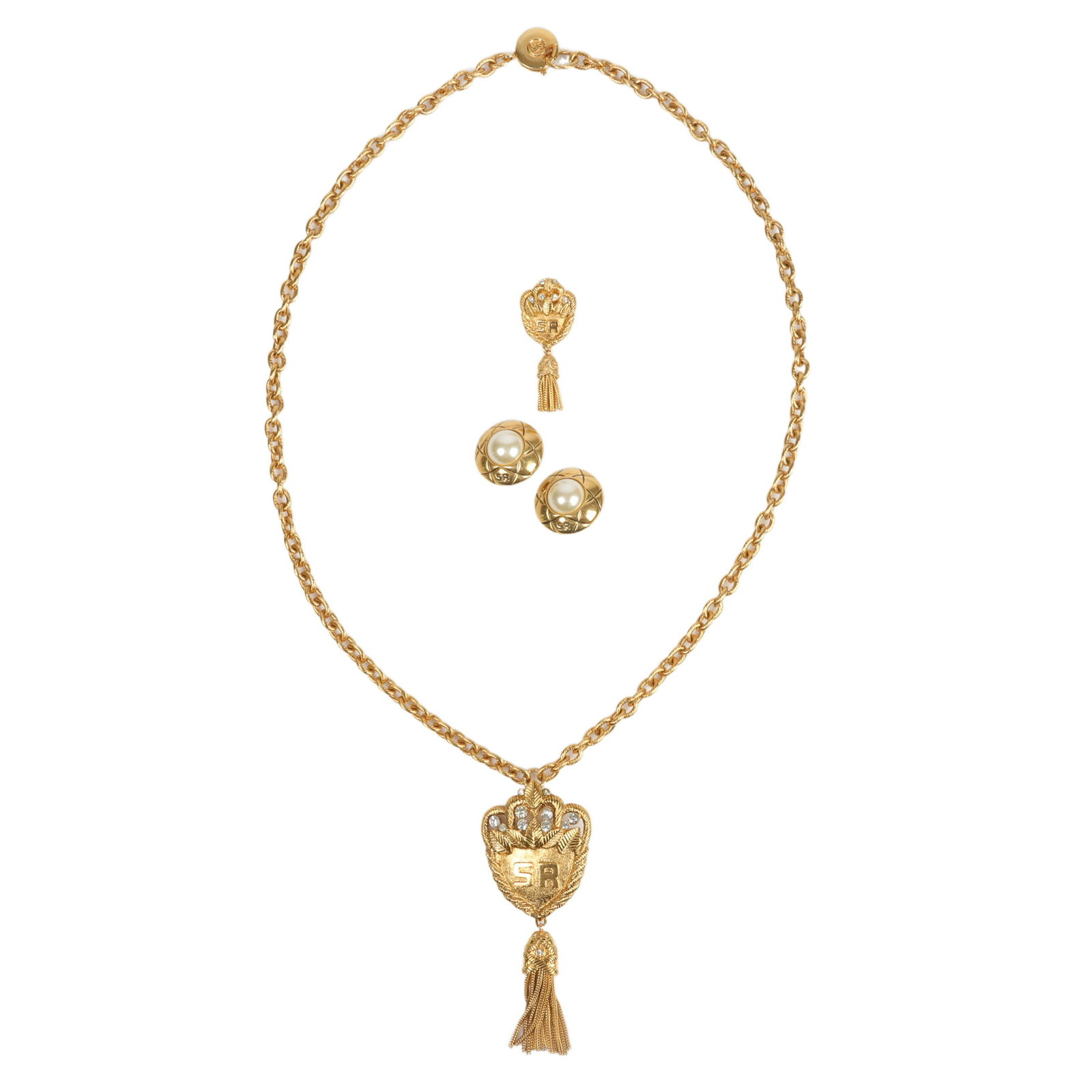 Sonia Rykiel 2pc Designer brushed gold chain necklace with fringed pendant and rhinestone accents (1 of 5)