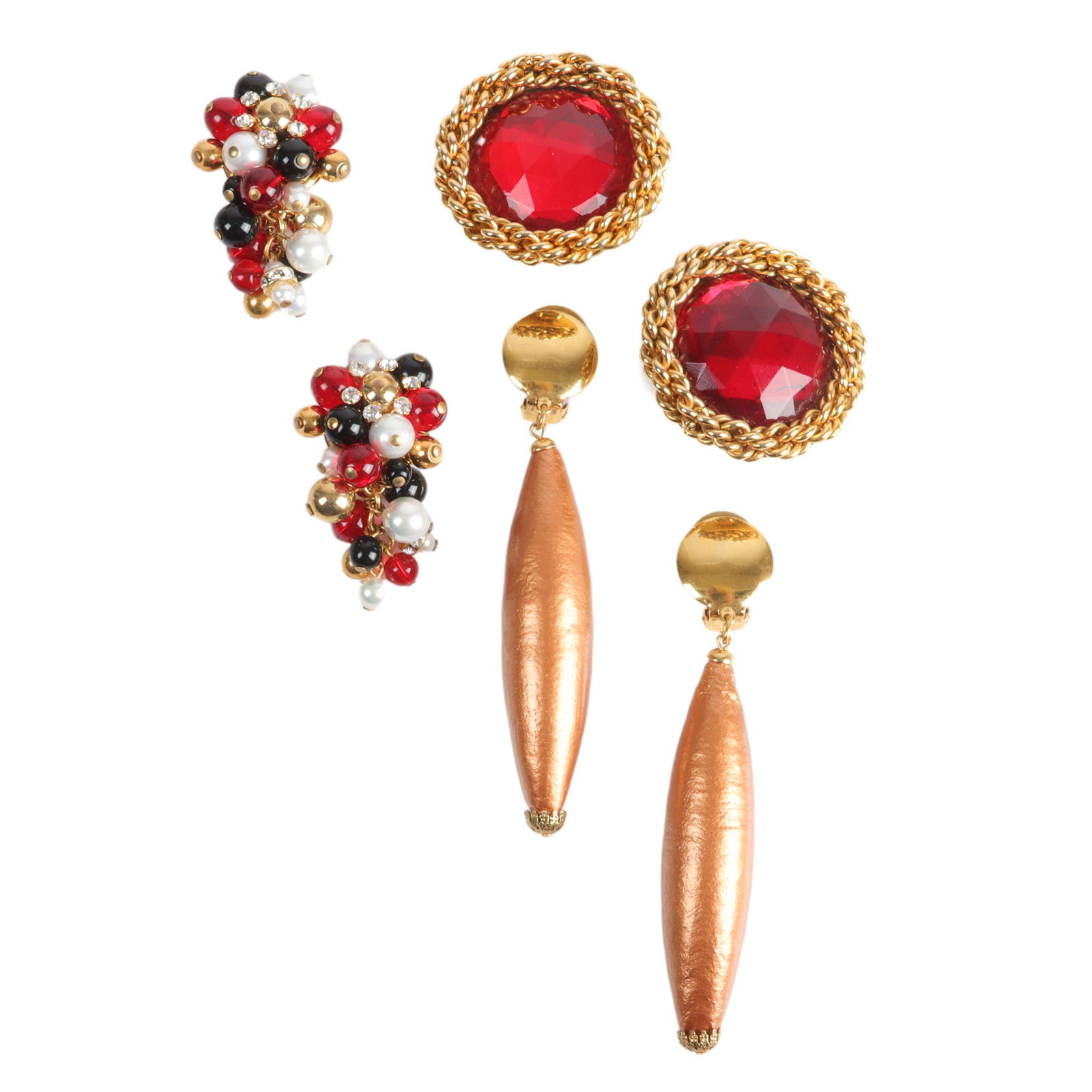 Three pr Designer Earrings: huge Givenchy faceted red crystal button with gold chain frame, 1 (1 of 5)