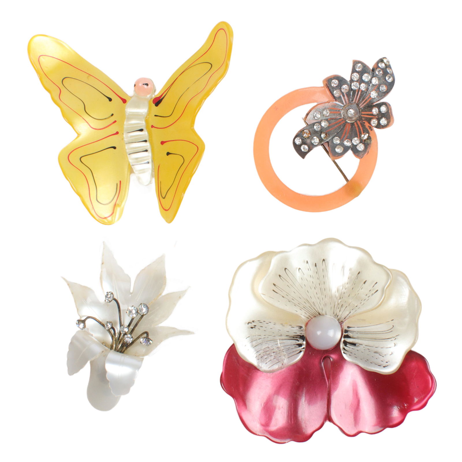 Vintage 4pc flower and butterfly lucite, plastic and rhinestone pin group. 3"H x 3"W (butterfly) (1 of 5)