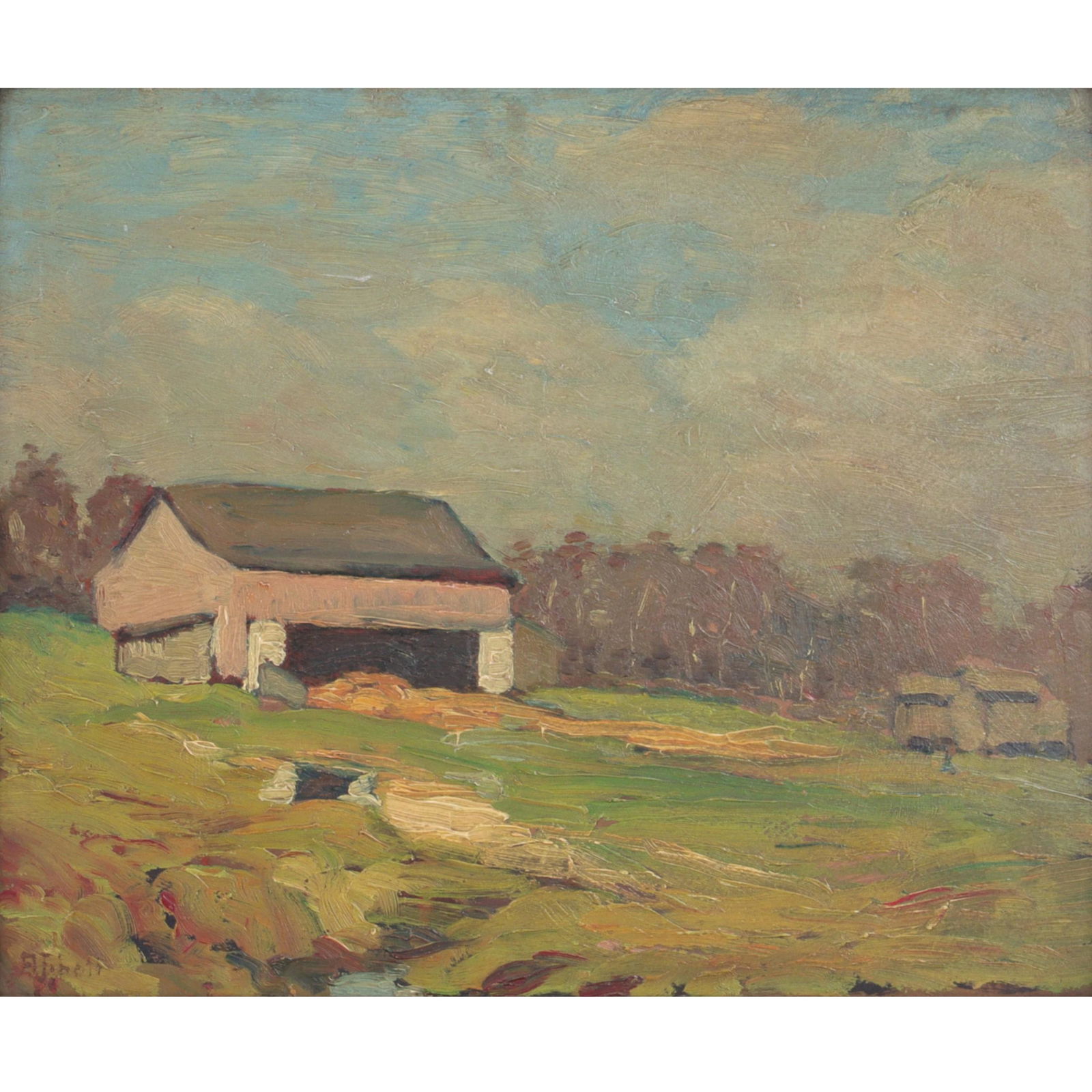 Yarnall Abbott, Pennsylvania, Massachusetts (1870 - 1938), barn landscape, 1919, oil on bard, 13 (1 of 6)