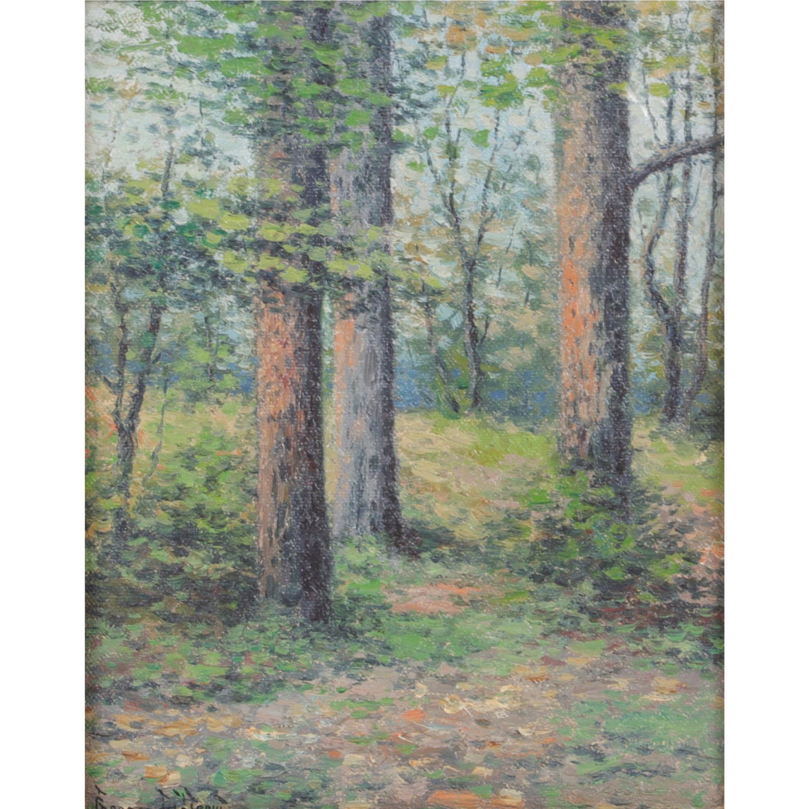 George Drew, New York (1875-1968), untitled forest landscape, spring, oil on board, 9 3/8"H x 7 (1 of 8)
