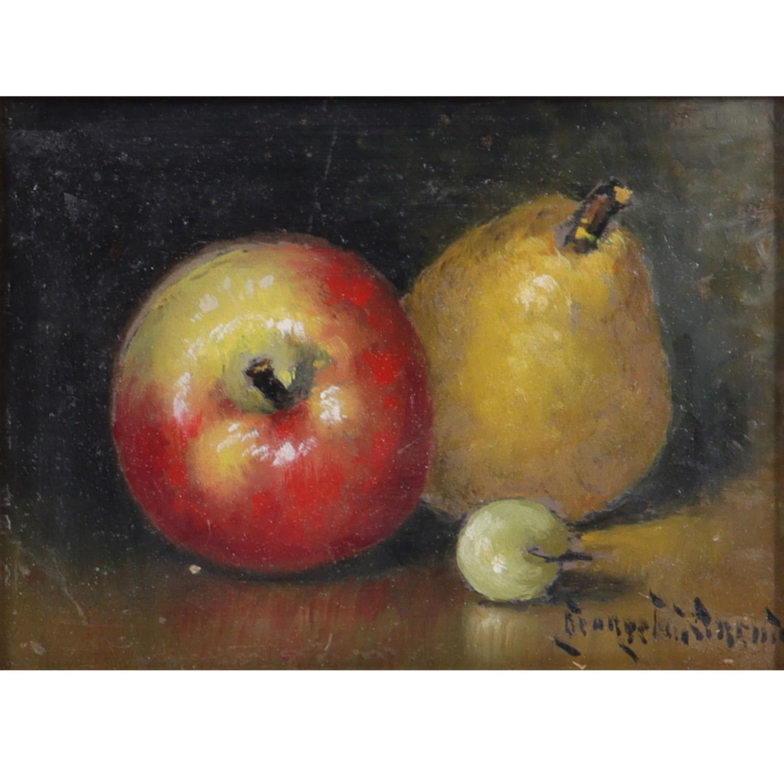 George Drew, New York (1875 - 1968), untitled still life with fruit., oil on masonite board, 5 3/8"H: George Drew New York (1875 - 1968) untitled still life with fruit. oil on masonite board signed lower right. From the Archives of askArt: Biography from Rehs Galleries, Inc. George W. Drew was born 21