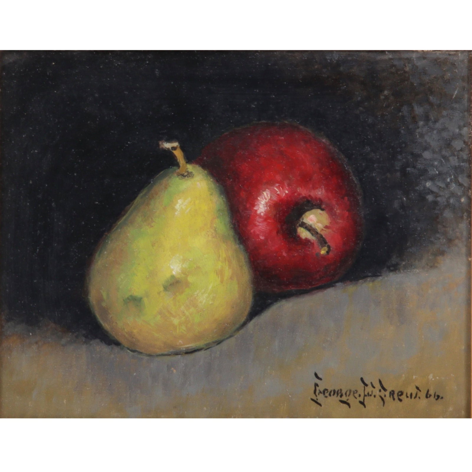 George Drew, New York (1875 - 1968), Still Life with Apple and Pear, oil on board, 7 3/8"H x 9 3/8"W: George Drew New York (1875 - 1968) Still Life with Apple and Pear oil on board signed lower right. From the Archives of askArt: Biography from Rehs Galleries, Inc. George W. Drew was born 21 December 
