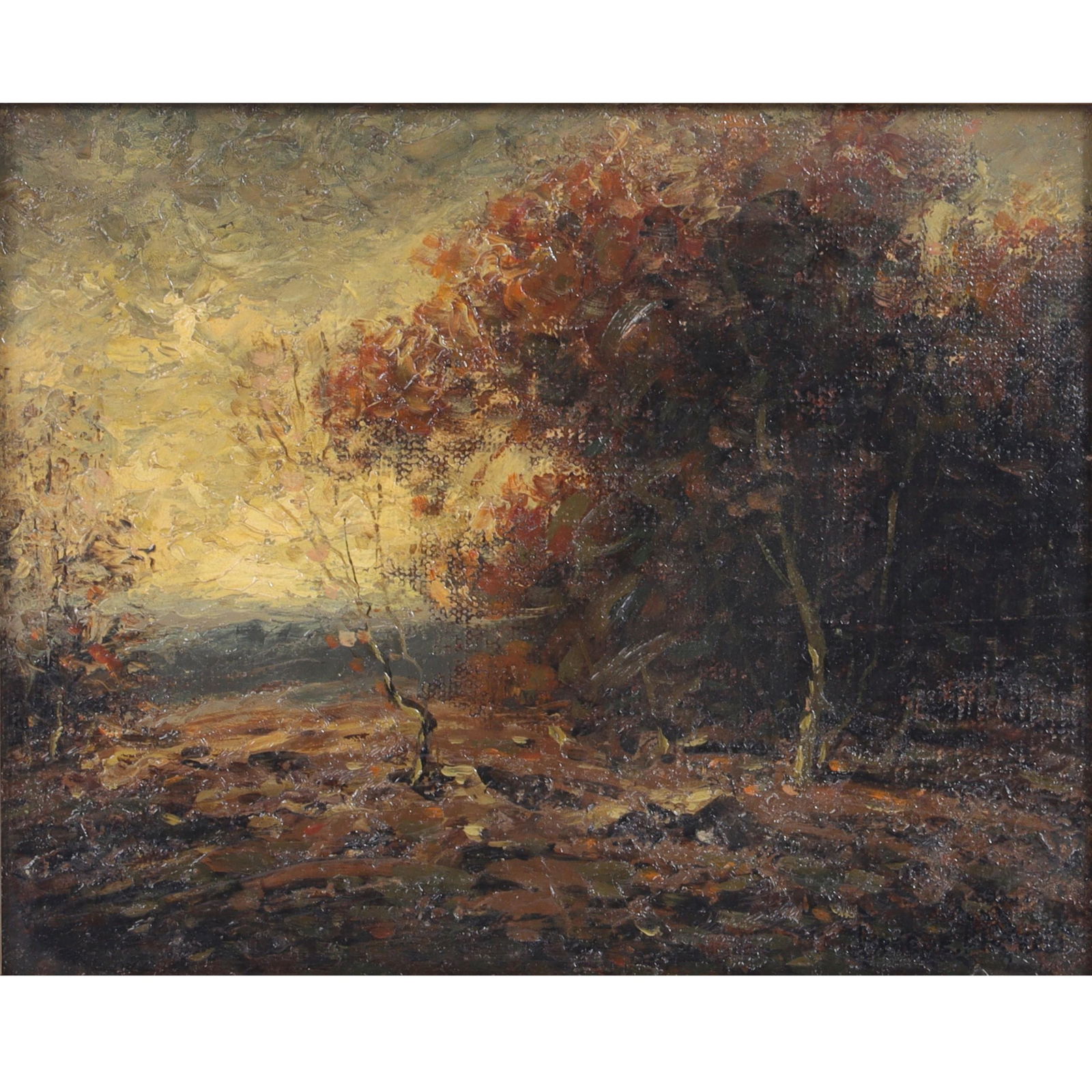 George Drew, New York (1875 - 1968), Hazy Day, Autumn, 1920, oil on board, 7 3/4"H x 9 3/4"W (1 of 8)