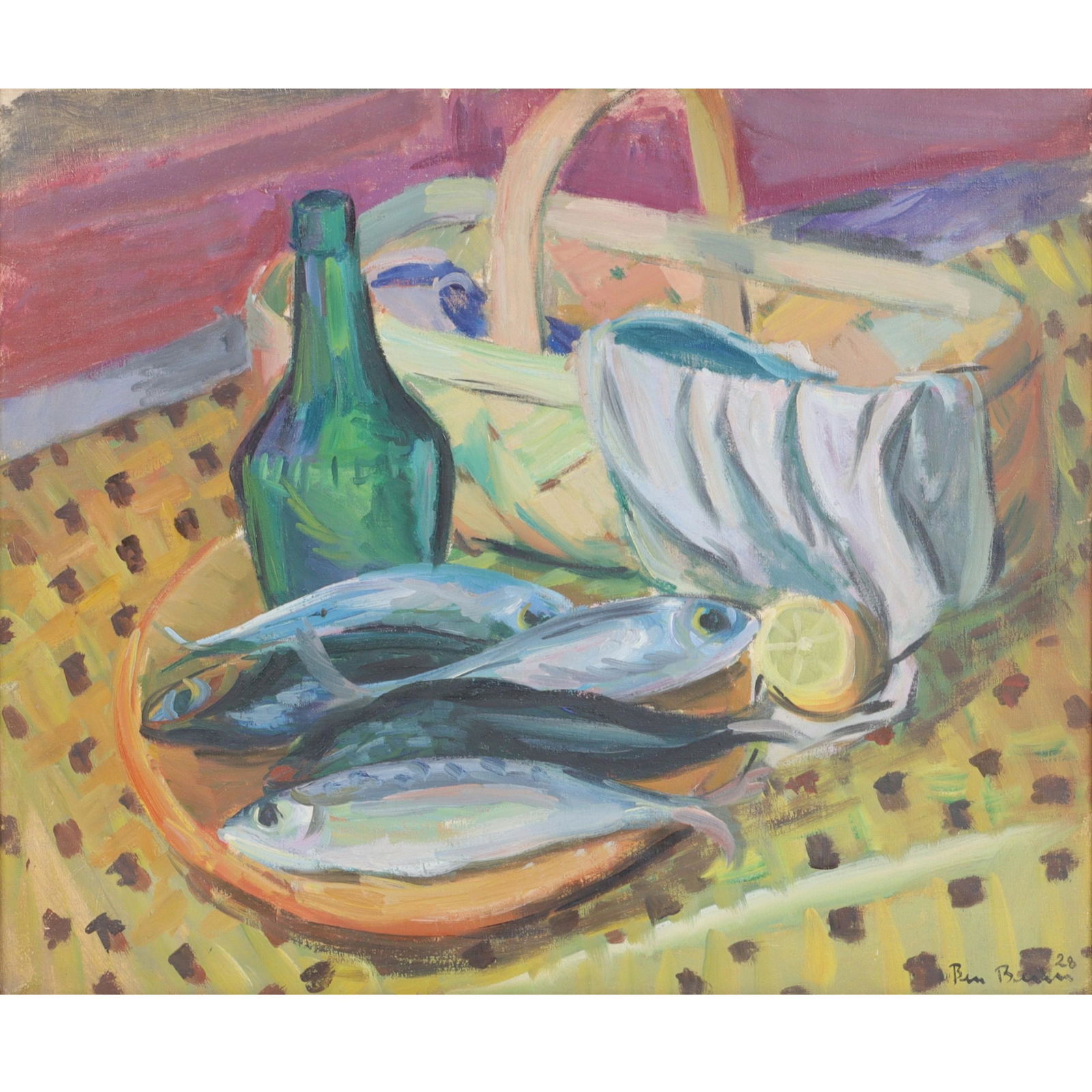 Ben Benn, New York, Connecticut / Russian Federation (1884 - 1983), Still Life with Fish, 1928, oil: Ben Benn New York, Connecticut / Russian Federation (1884 - 1983) Still Life with Fish, 1928 oil on canvas signed and dated lower right. Remnant exhibition label verso. From the Archives of askART: Be