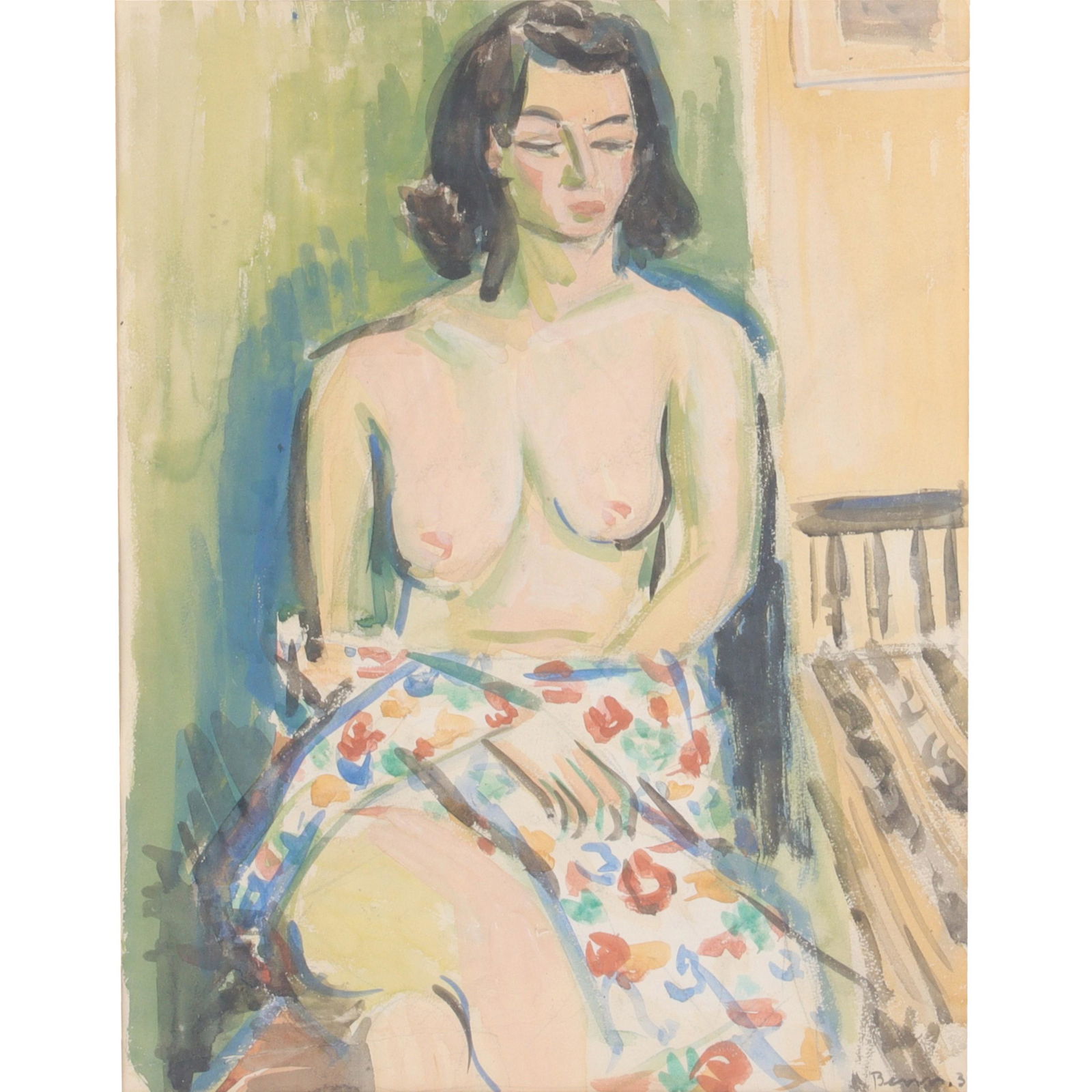 Ben Benn, New York / Connecticut / Russian Federation (1884 - 1983), Seated Semi Nude Woman, 1939,: Ben Benn New York / Connecticut / Russian Federation (1884 - 1983) Seated Semi Nude Woman, 1939 watercolor on paper signed and dated lower right. Crease on lower left corner. From the Archives of askA