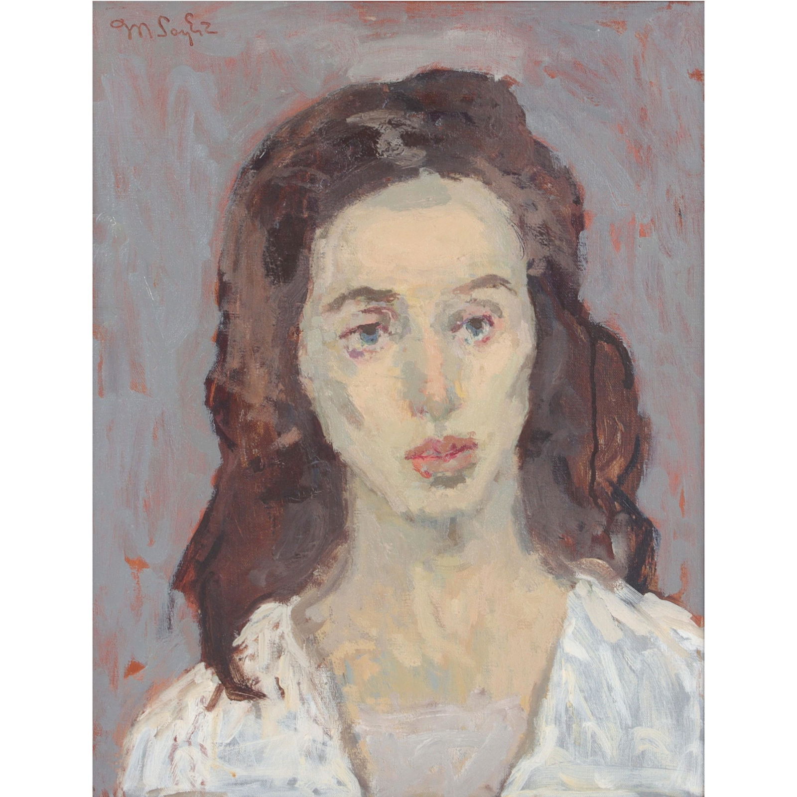 Moses Soyer, New York (1899 - 1974), Portrait of a Model With Brown Hair, oil on canvas, 17 5/8"H x: Moses Soyer New York (1899 - 1974) Portrait of a Model With Brown Hair oil on canvas signed upper left. EX ACA Galleries label verso. Biography from the Archives of askART: Dedicated to art expression