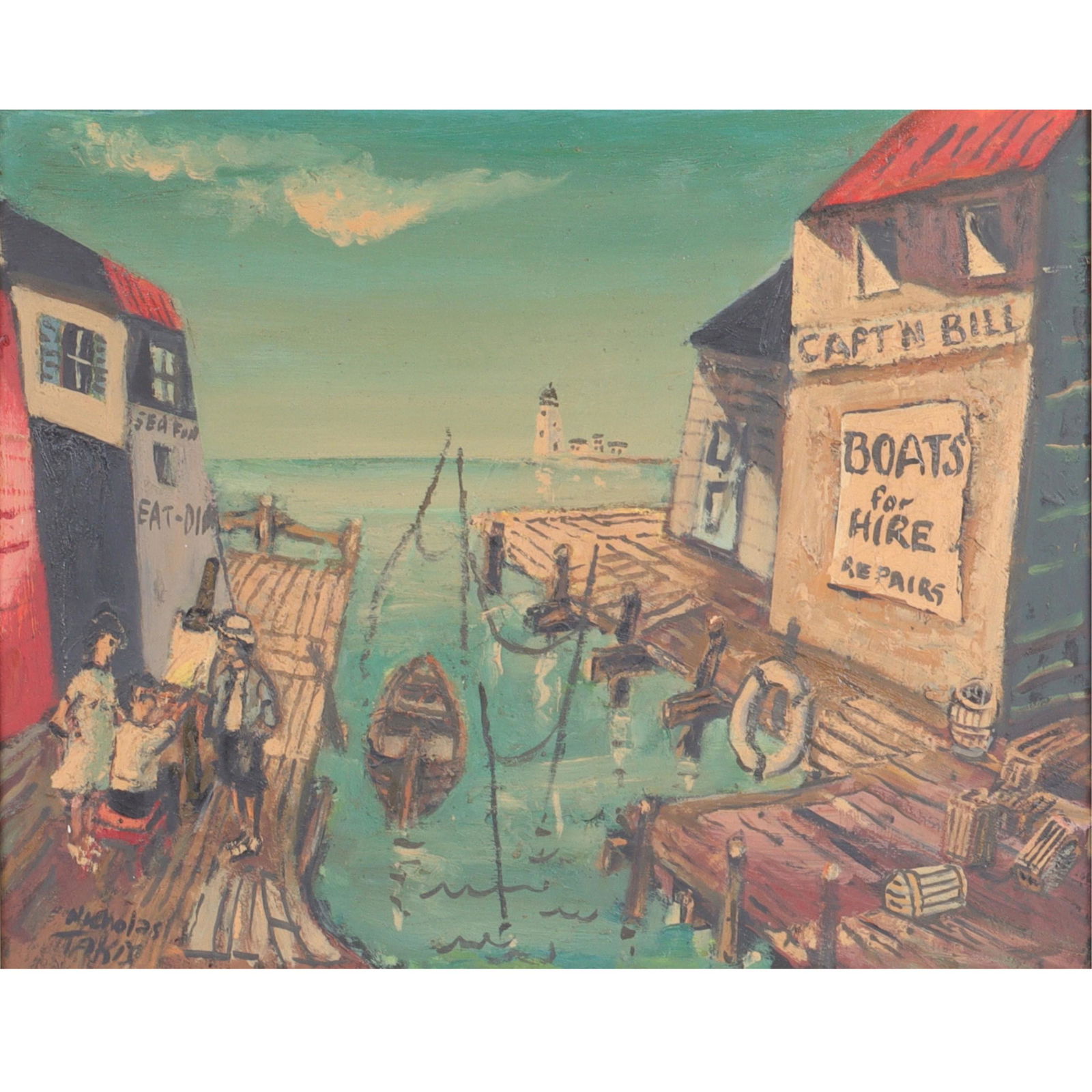 Nicholas Takis, New York (1903 - 1965), Harbor Scene, 1963, oil on masonite board, 15 3/8"H x 19: Nicholas Takis New York (1903 - 1965) Harbor Scene, 1963 oil on masonite board signed in lower left corner, signed and dated verso. Provenance: Ex. Ruth Warren Collection Biography from the Archives o